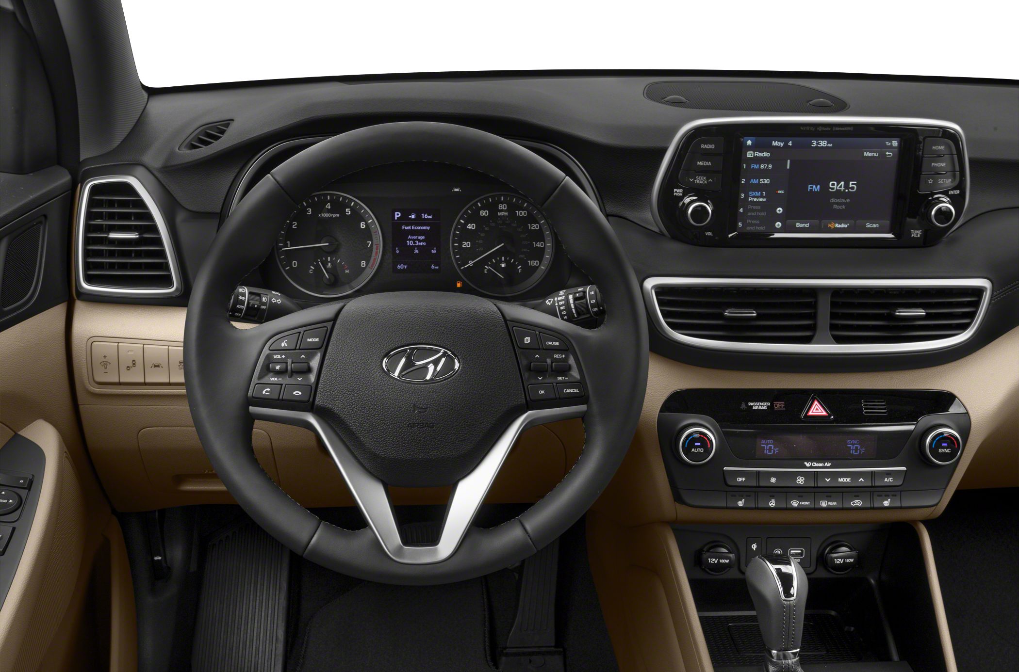 Steering wheel and dashboard with infotainment touchscreen and climate controls