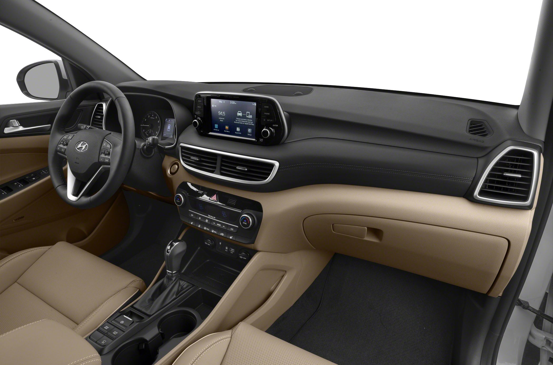 Modern car interior with infotainment screen and beige upholstery