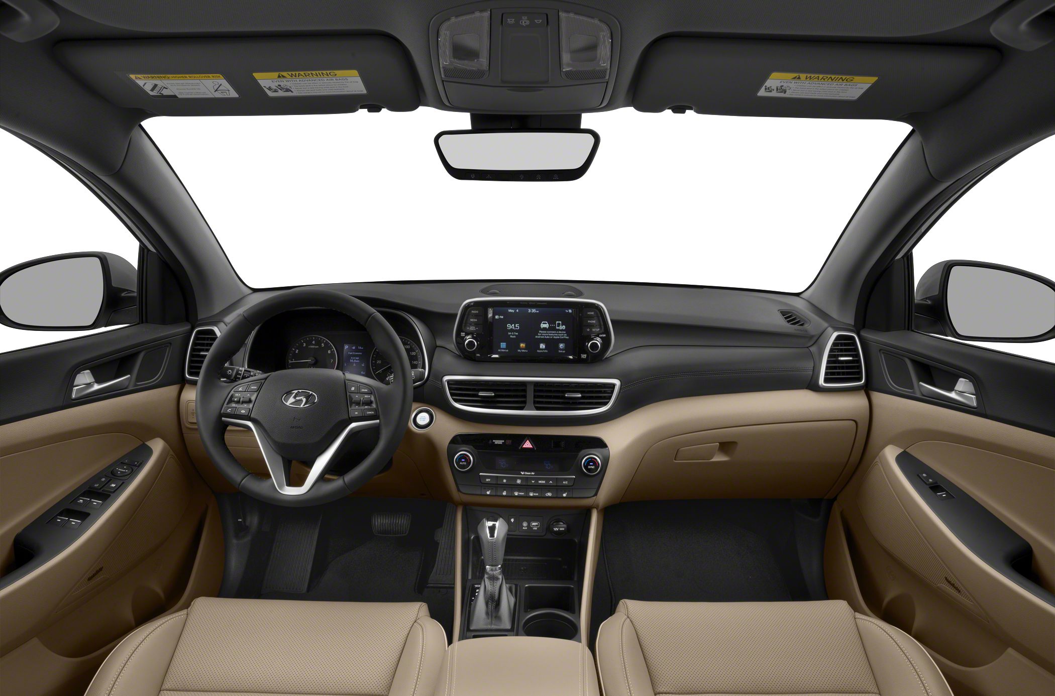 Dashboard and multifunction steering wheel with beige interior upholstery