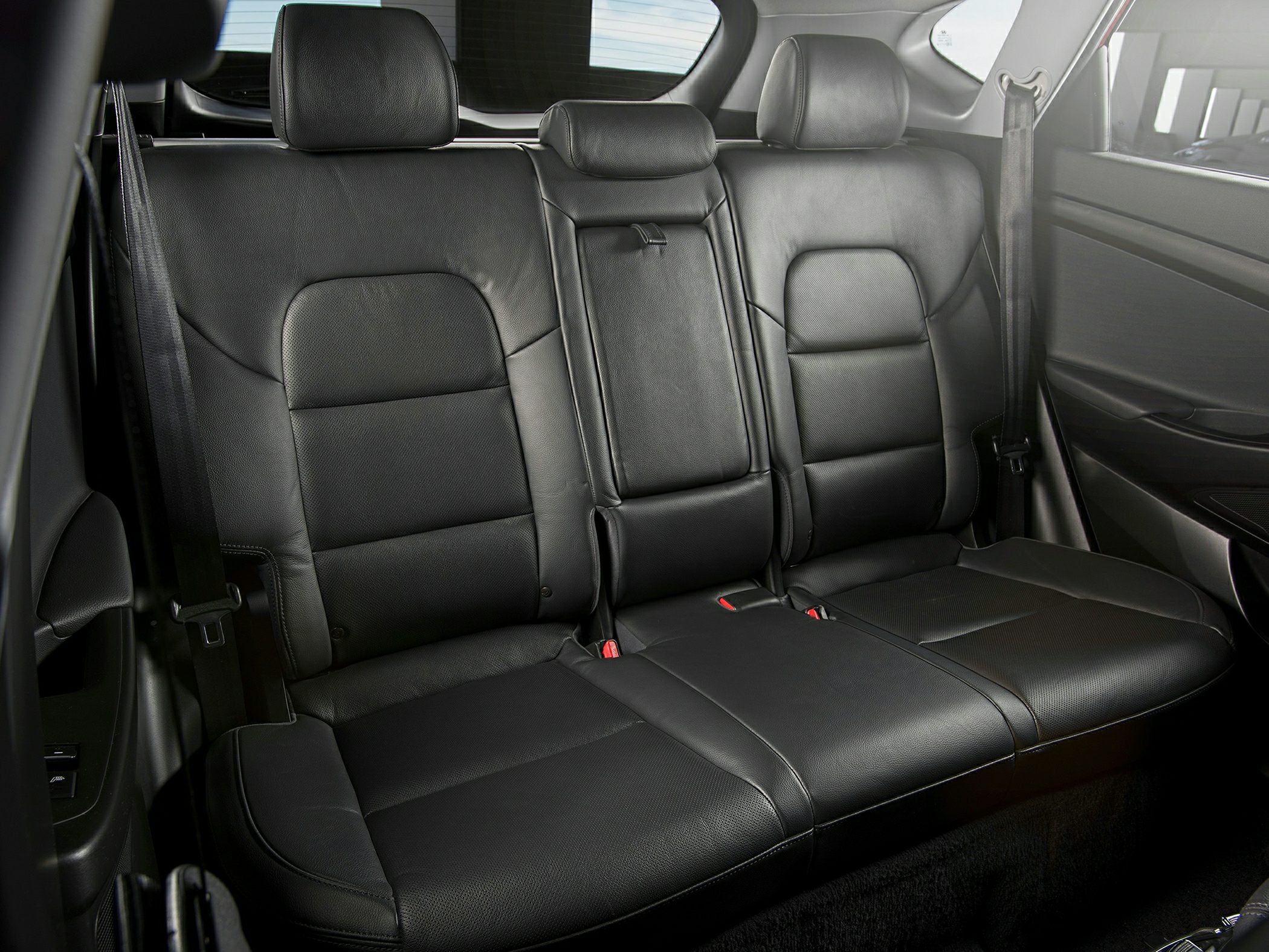 Rear black leather seats with headrests and seatbelts