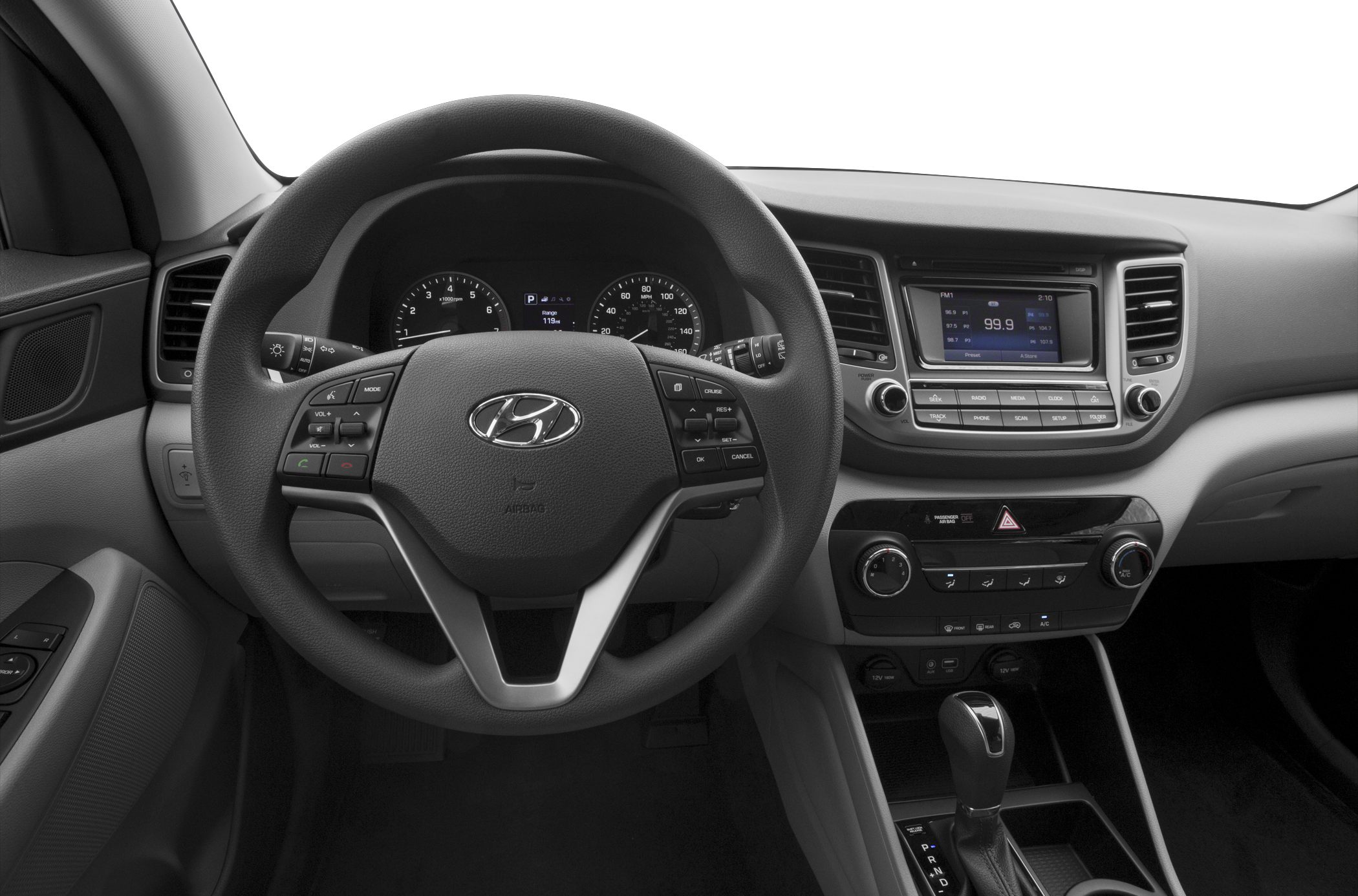 Dashboard and steering wheel with controls and instrument panel