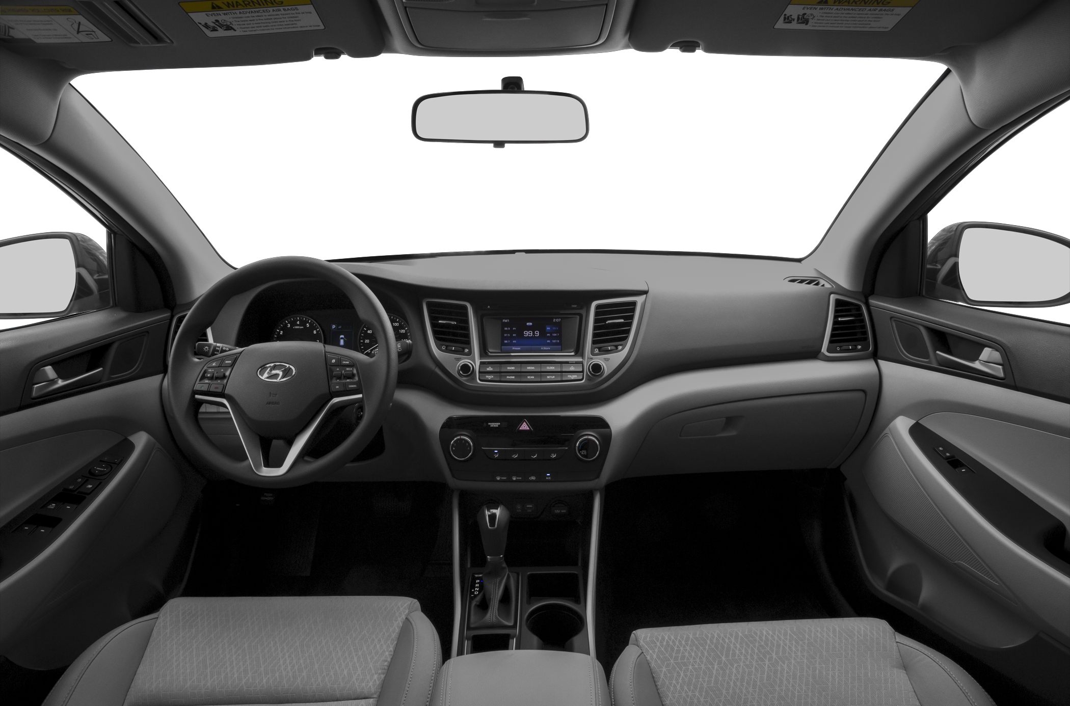 Interior with dashboard, steering wheel, center console controls