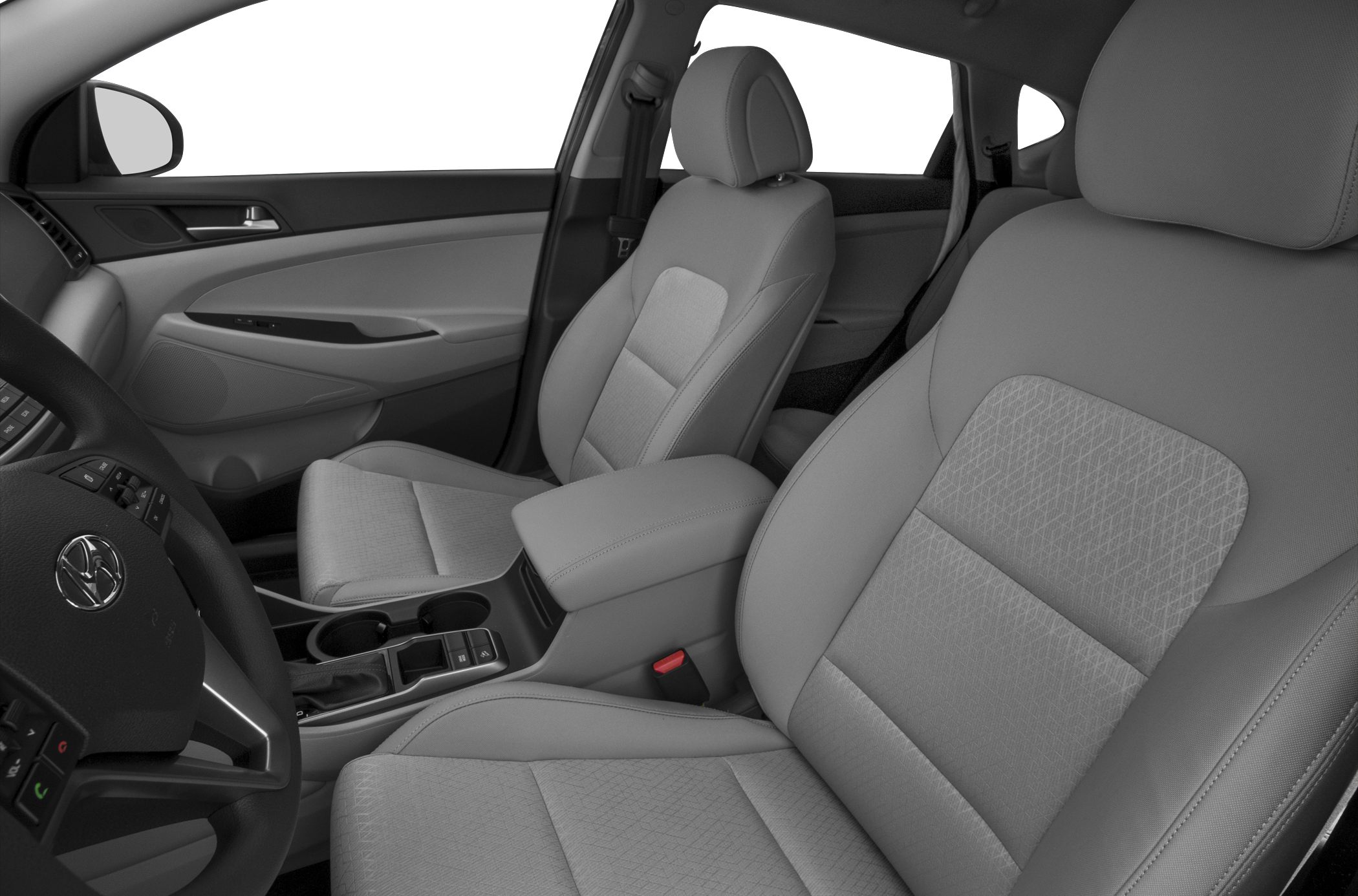 Detailed view of front seats and interior door panel