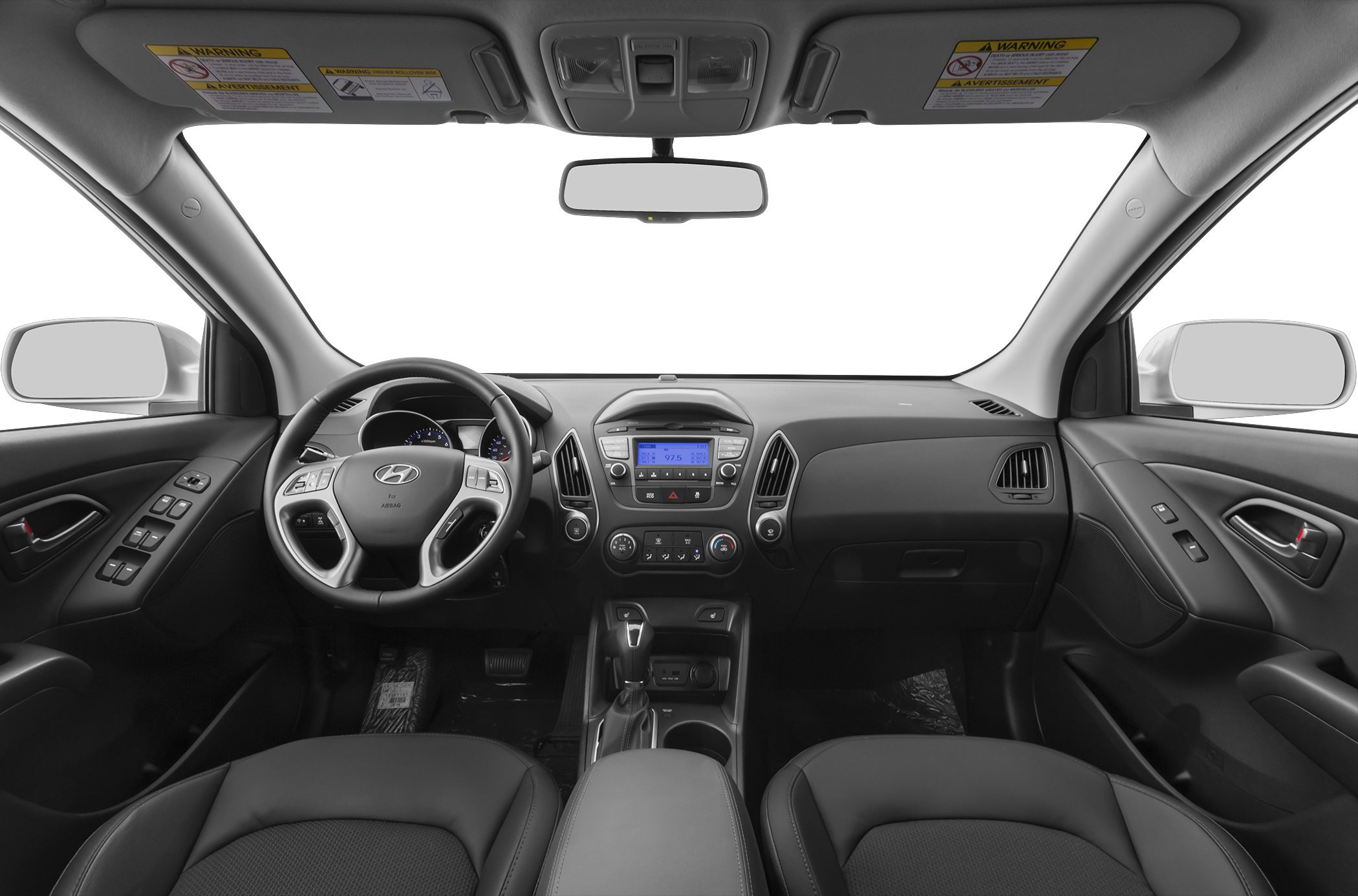 Dashboard and steering wheel with control panel and seats