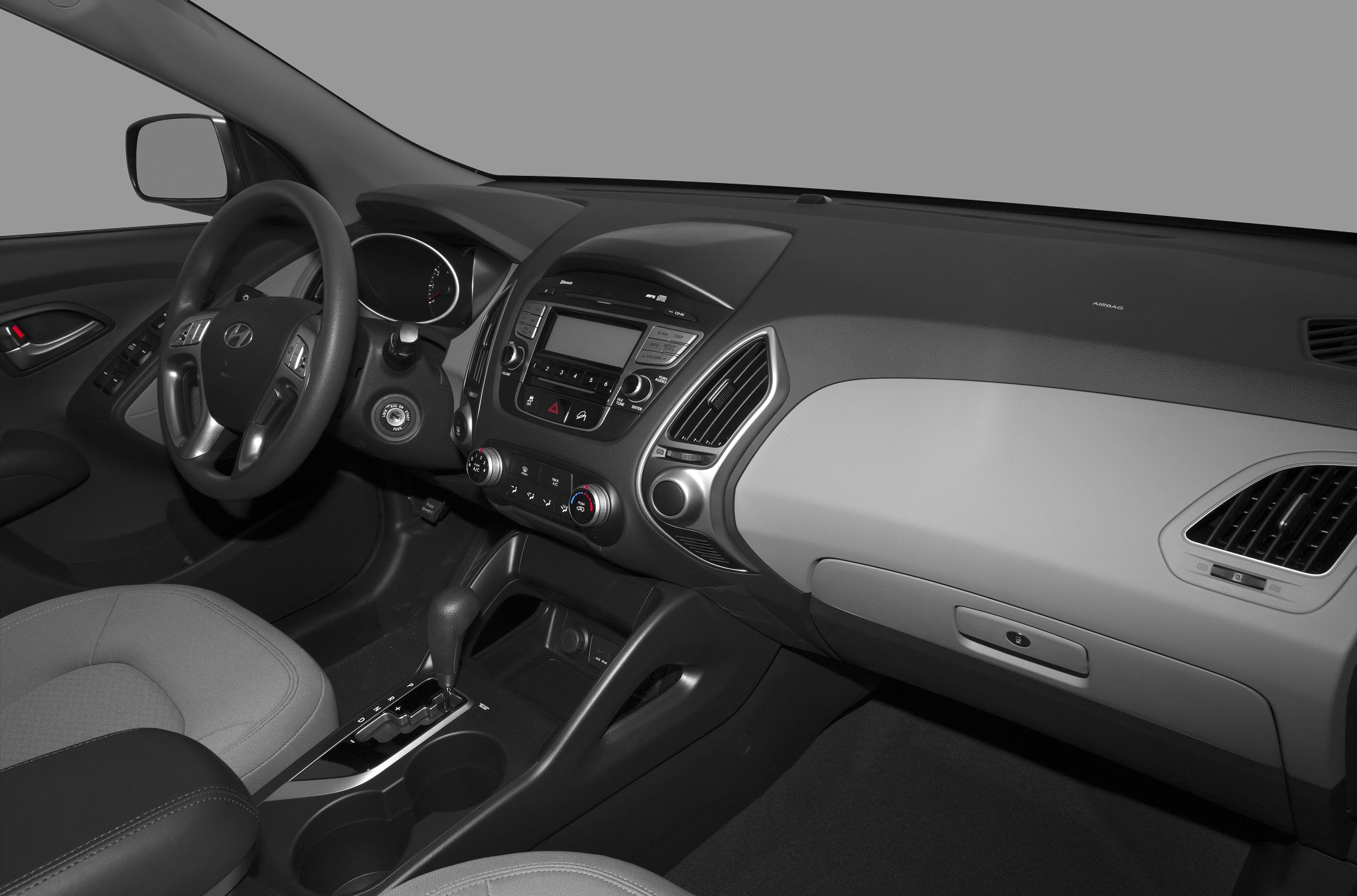 Steering wheel, dashboard, and center console interior design