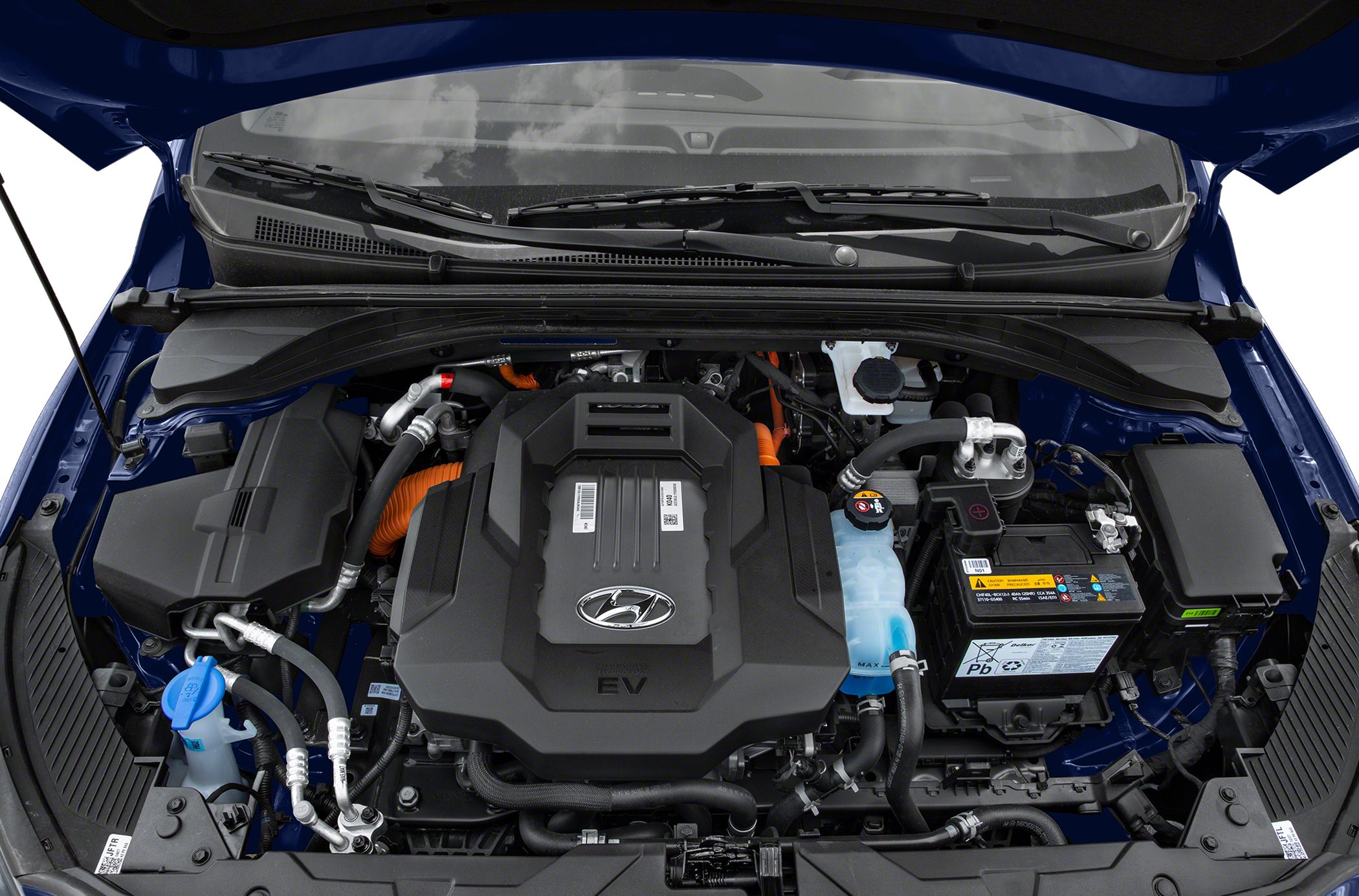 Electric engine compartment with orange high-voltage cables and EV components