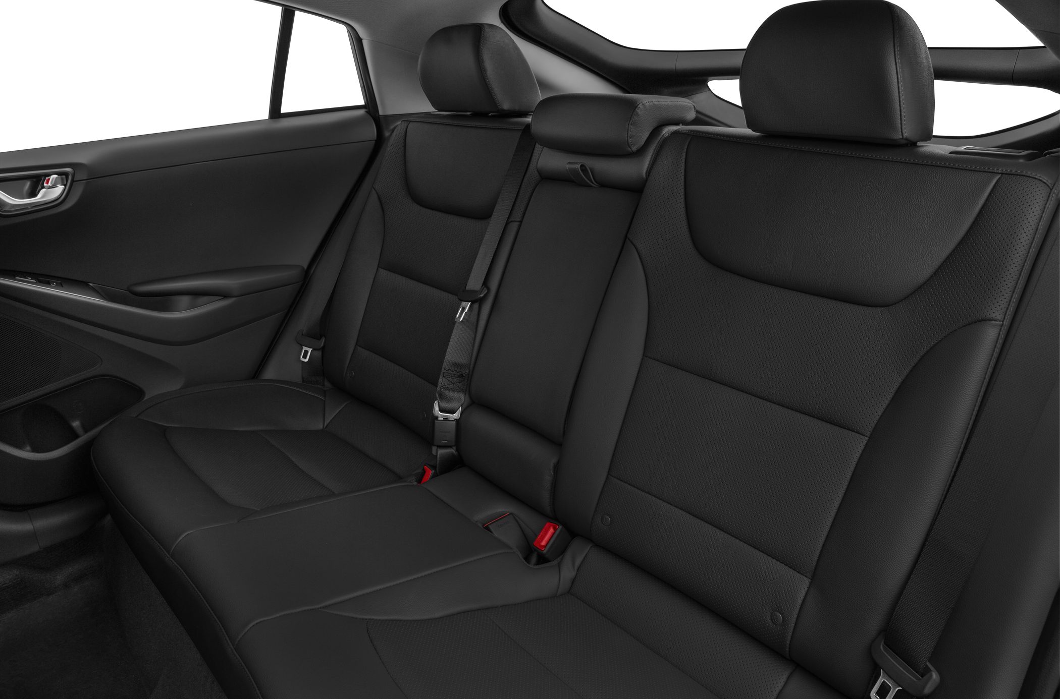 Black leather rear seat interior with seatbelts and headrests