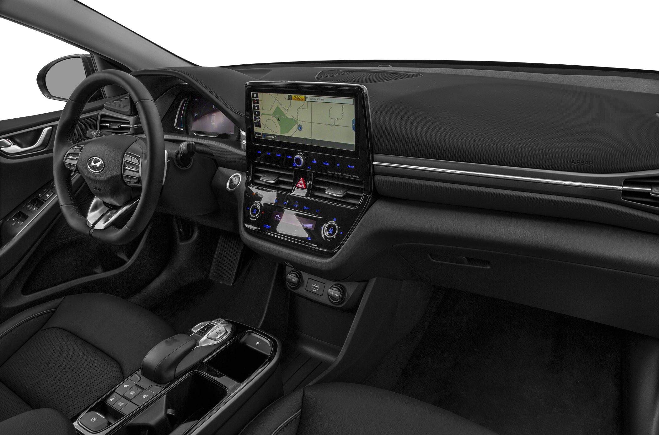 Modern car interior with digital dashboard and navigation screen
