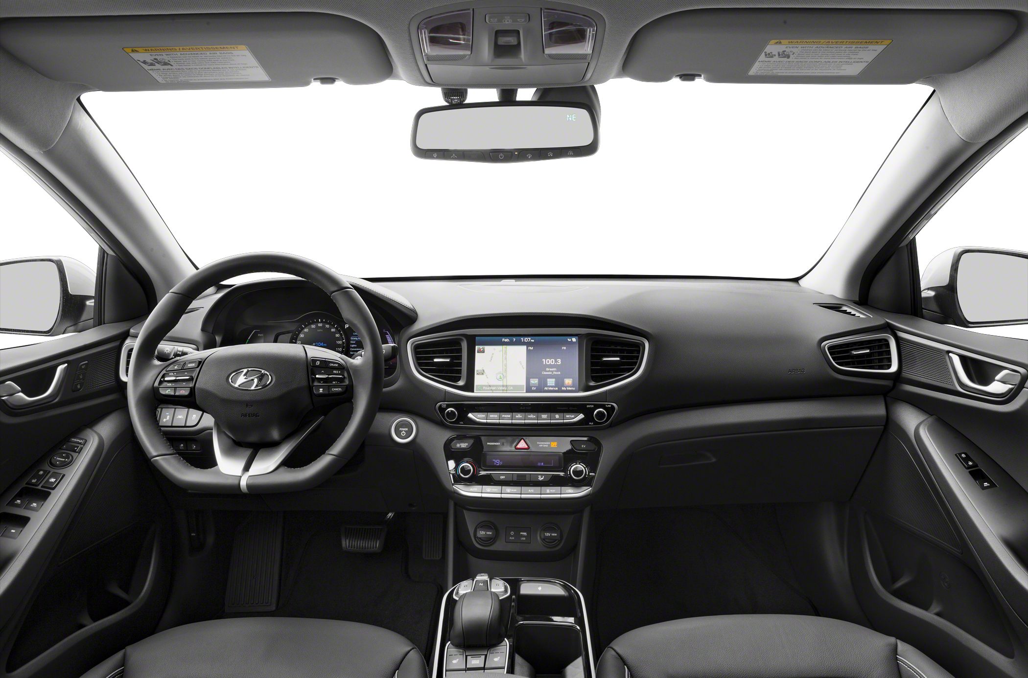 Steering wheel and dashboard with center console controls
