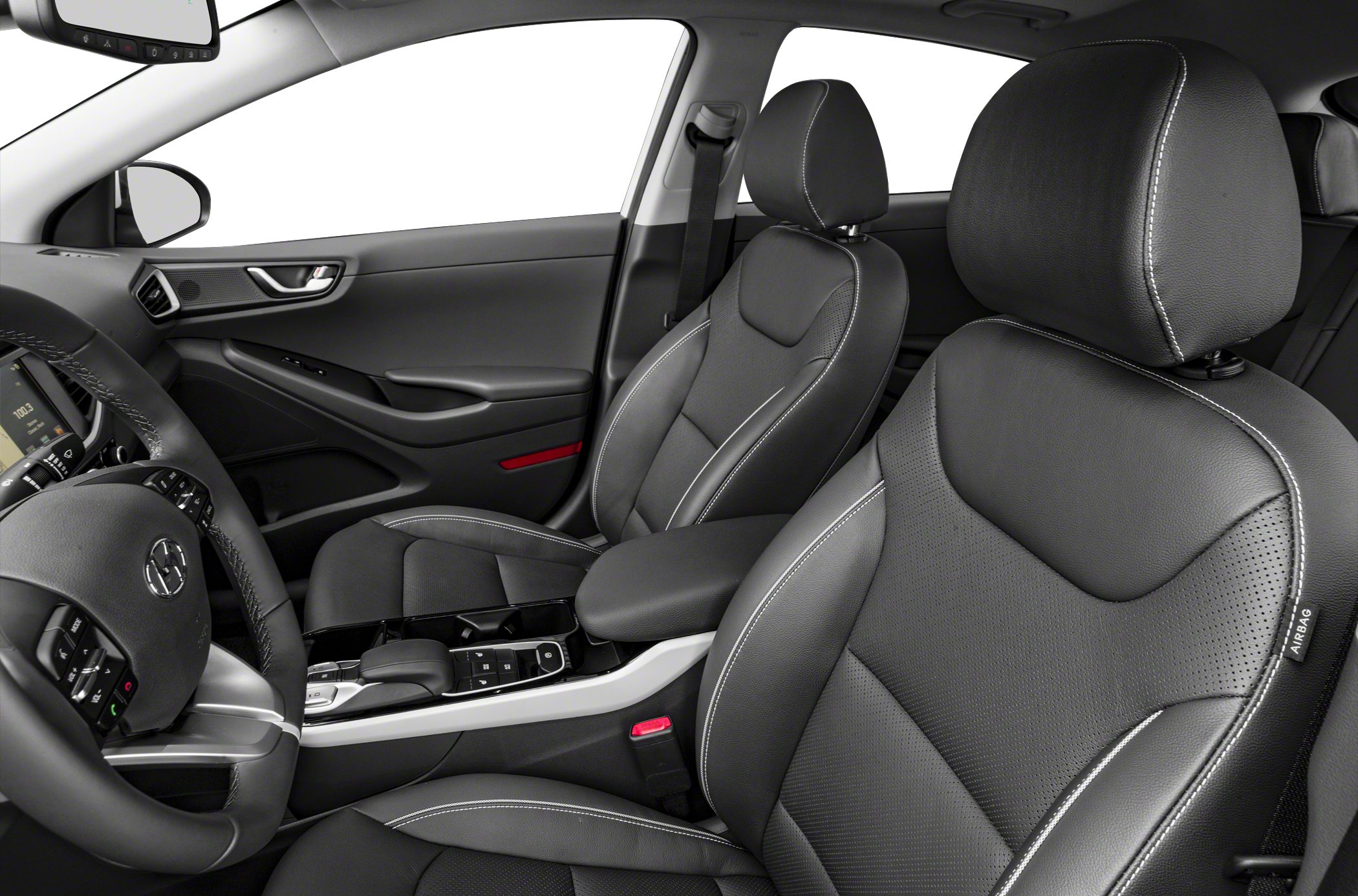 Front leather seats and dashboard with steering wheel and central controls