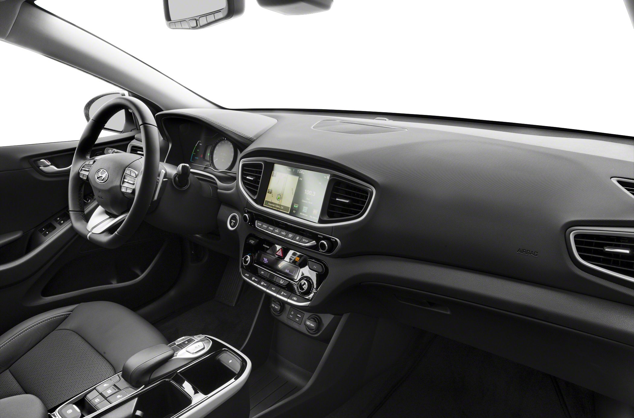Dashboard, steering wheel, touchscreen display, climate controls