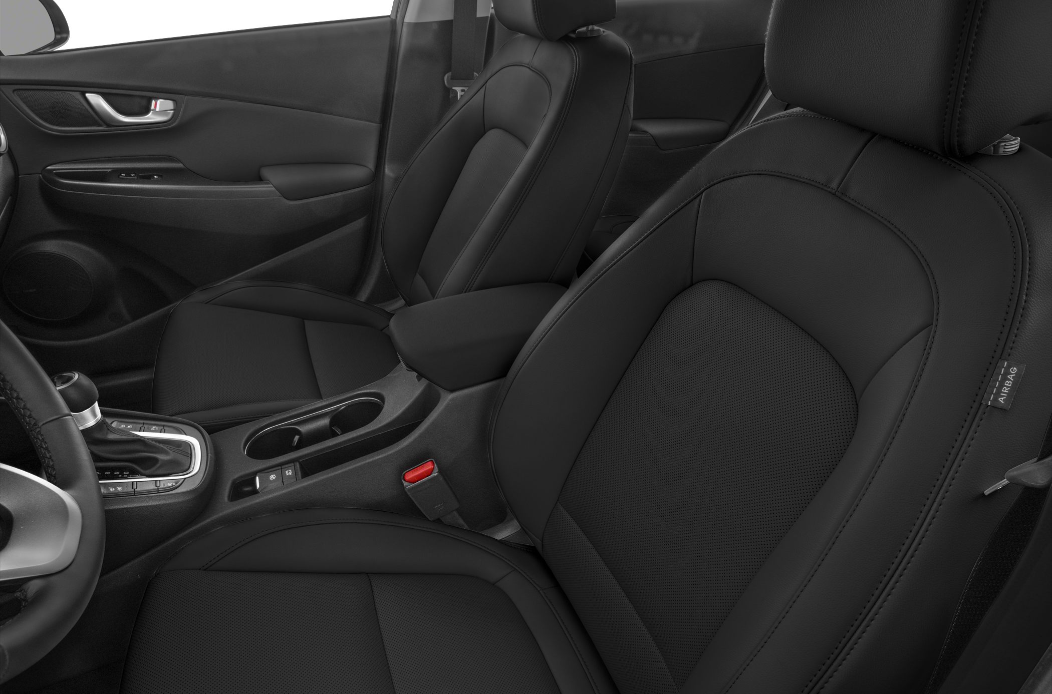Black leather front seats and center console with cup holders
