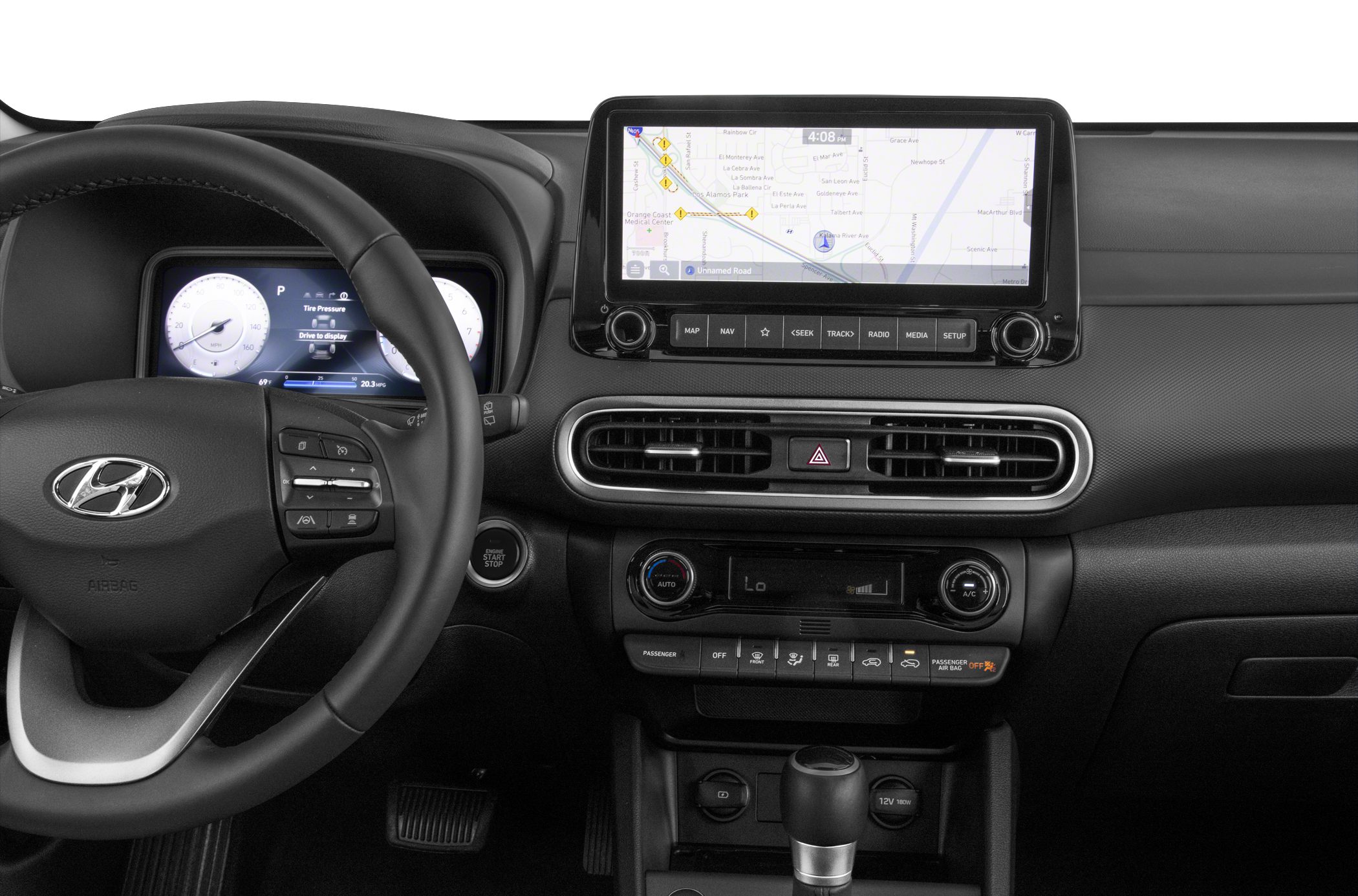 Modern car dashboard with digital display and infotainment touchscreen