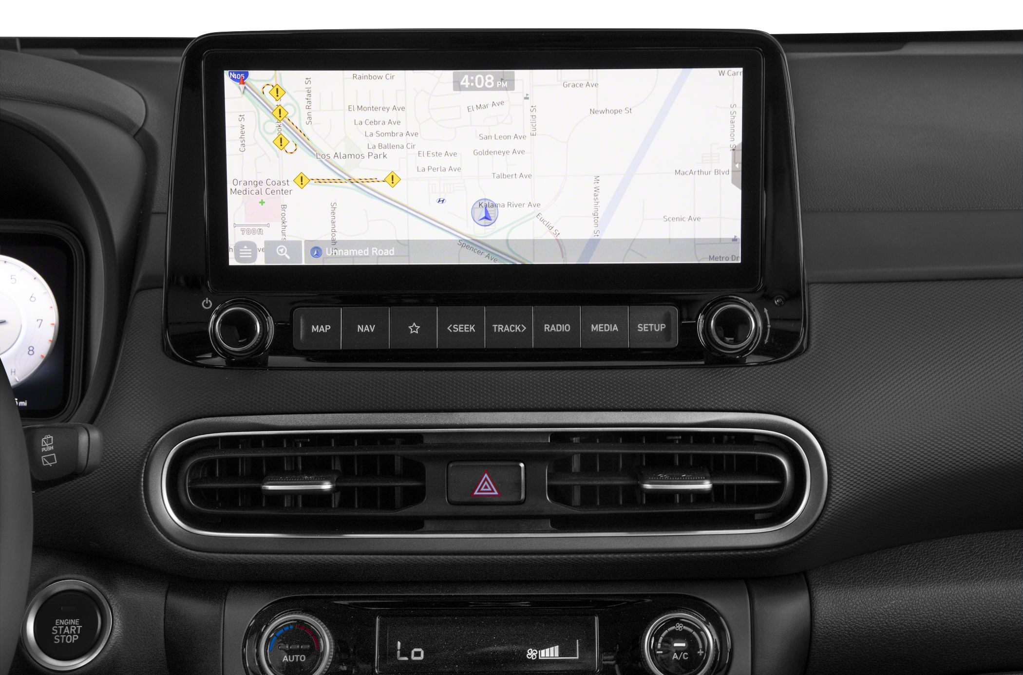 Car navigation touchscreen with dashboard air vents and climate control