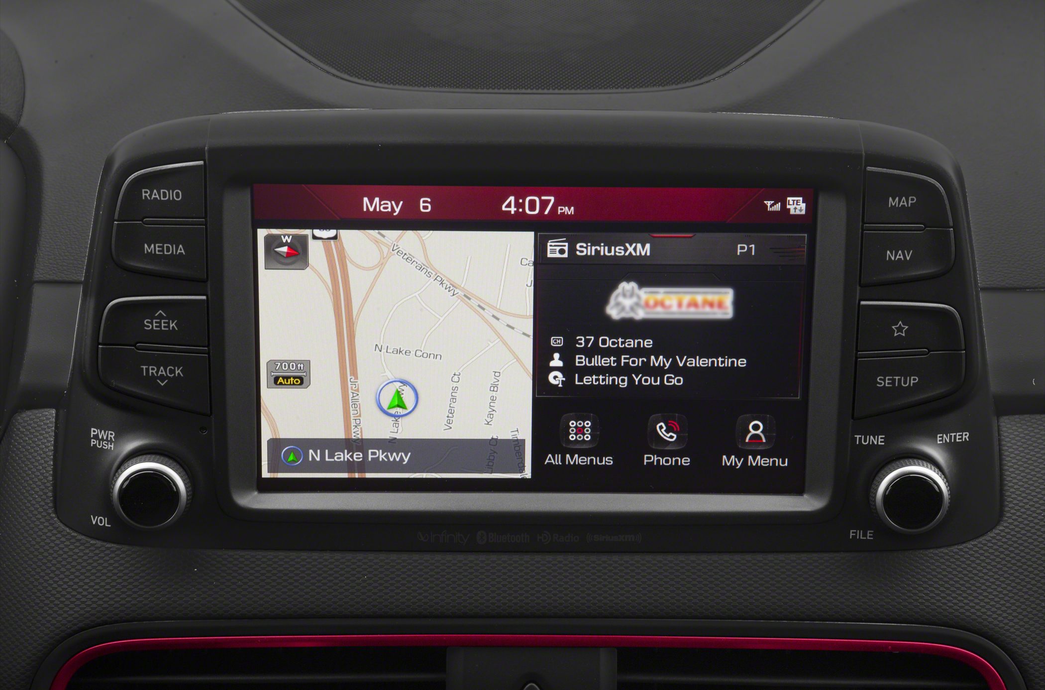 Infotainment touchscreen with navigation and SiriusXM radio interface
