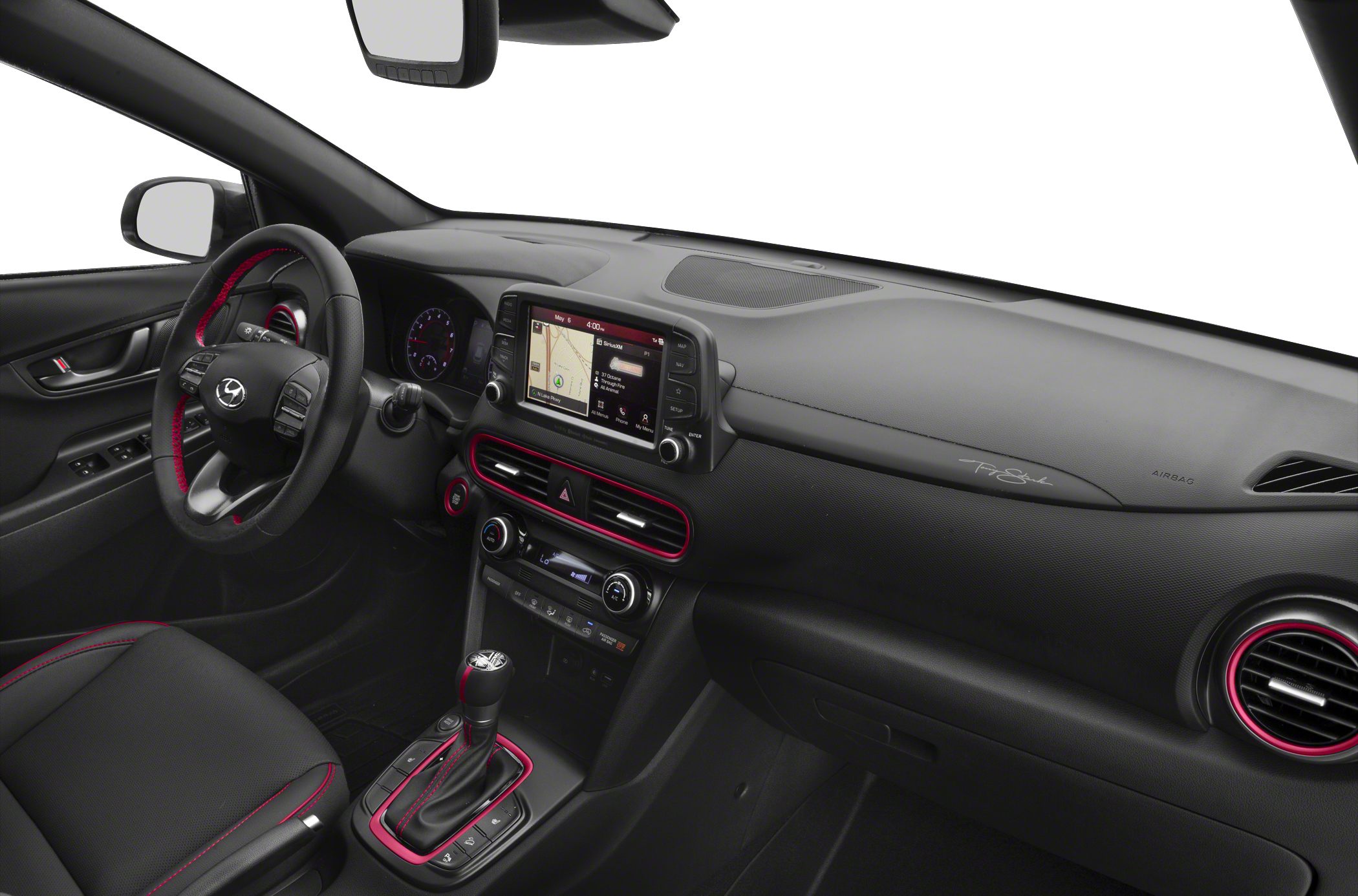 Touchscreen infotainment system and red accent interior trim