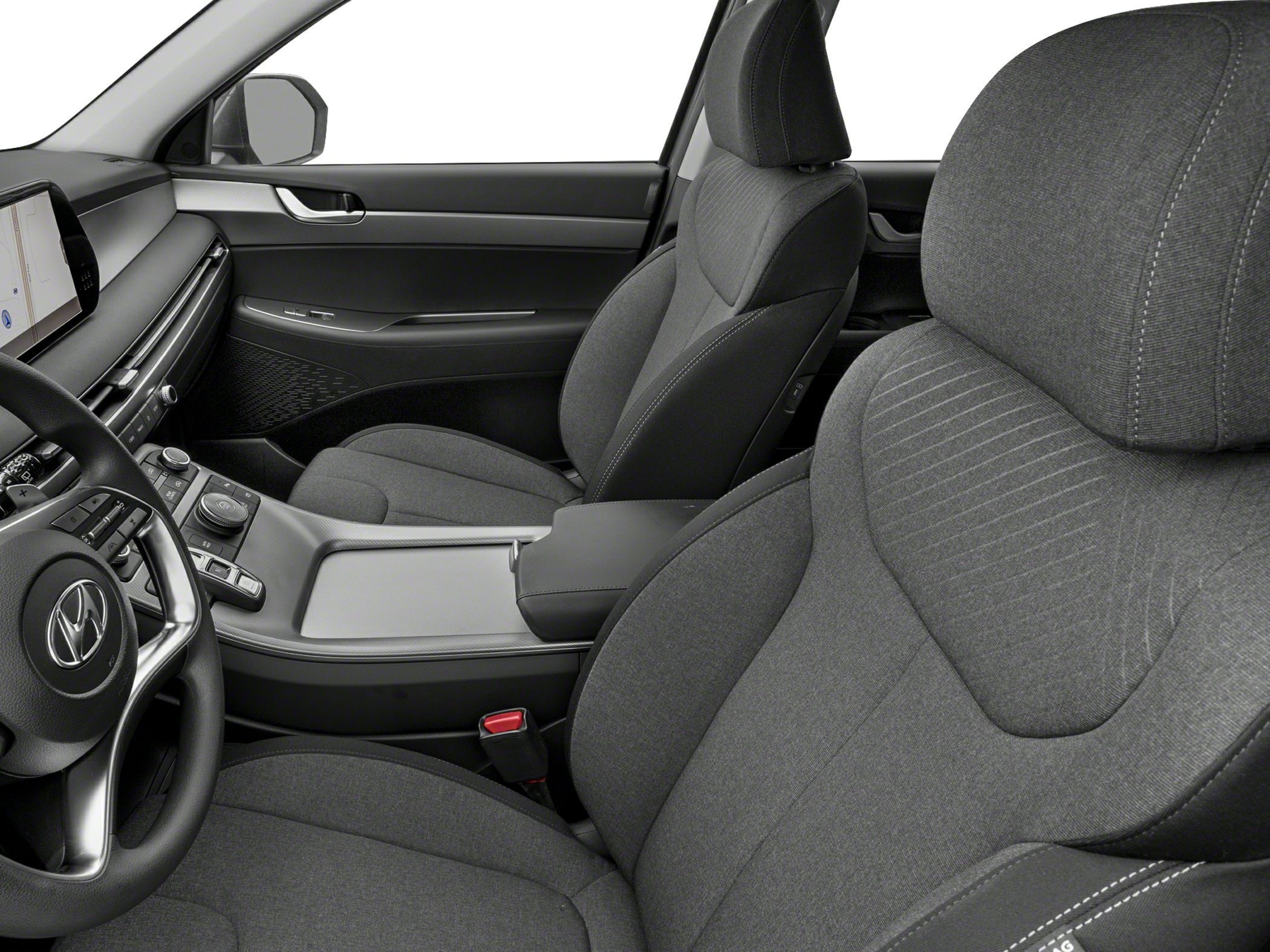 Modern front interior with ergonomic seats and dashboard controls