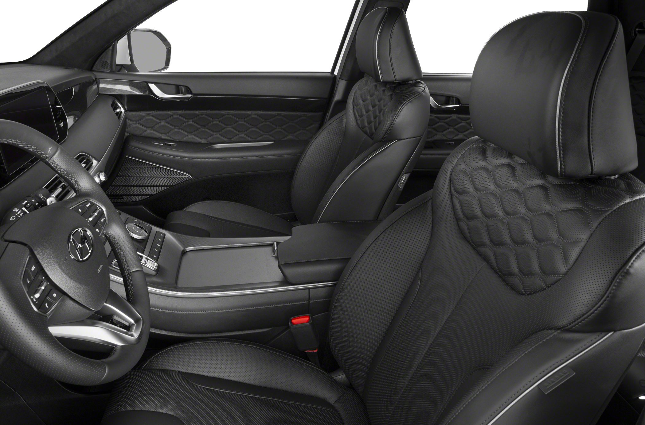 Luxury quilted leather front seats and modern dashboard interior.