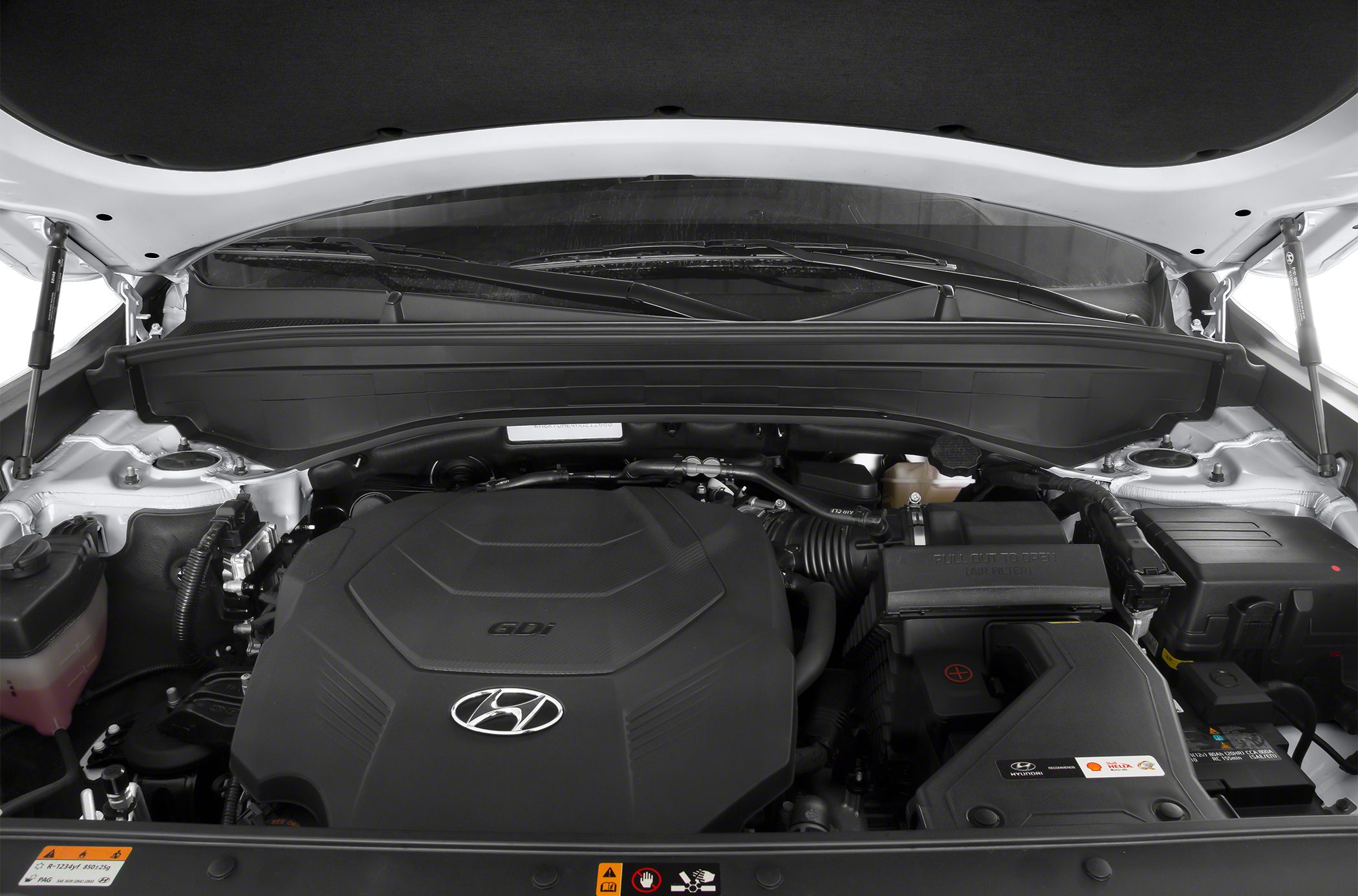 Engine compartment with GDi engine cover and organized component layout