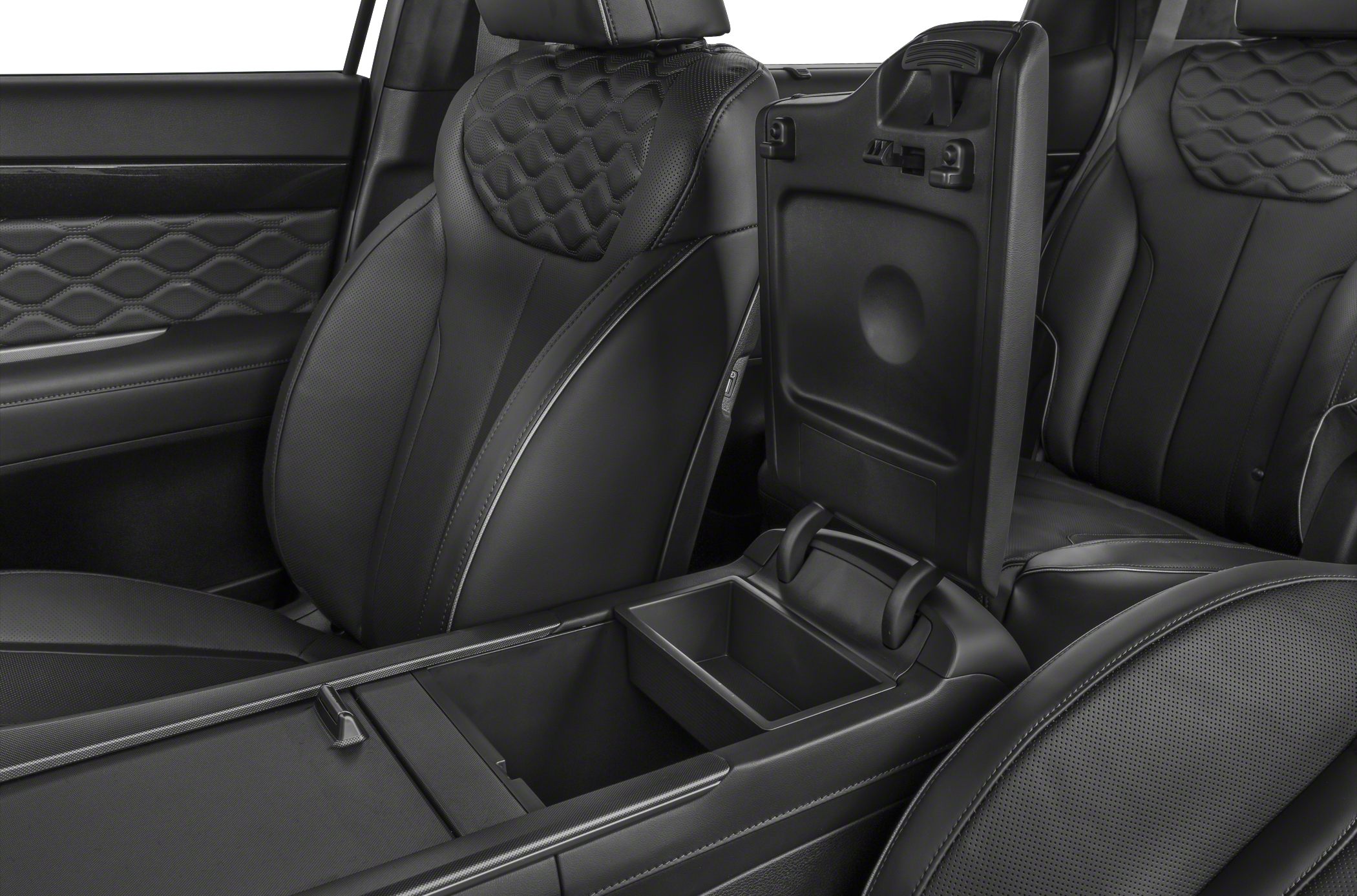 Black leather seats and open center console storage compartment.