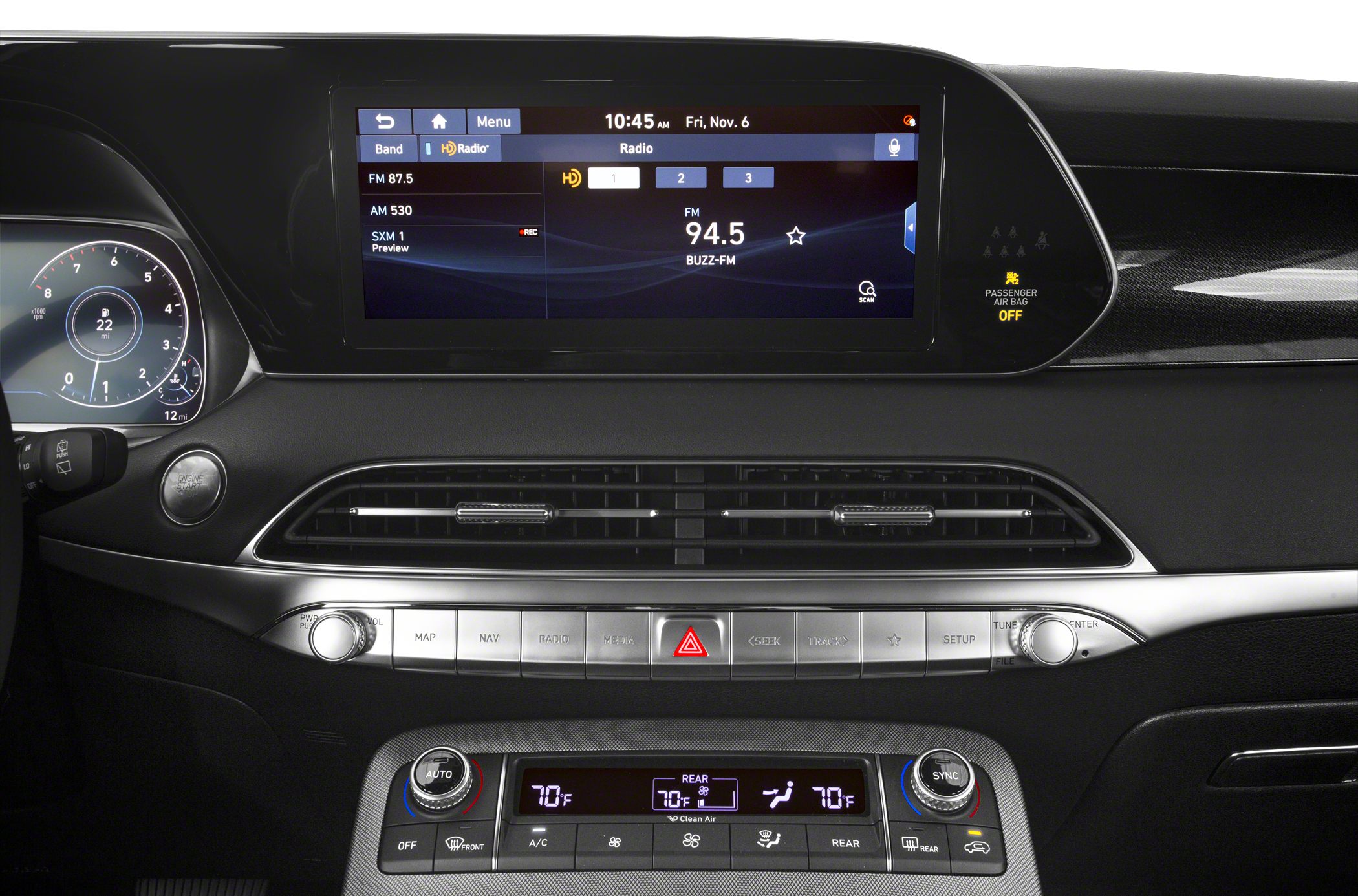 Touchscreen infotainment and dual-zone climate control panel