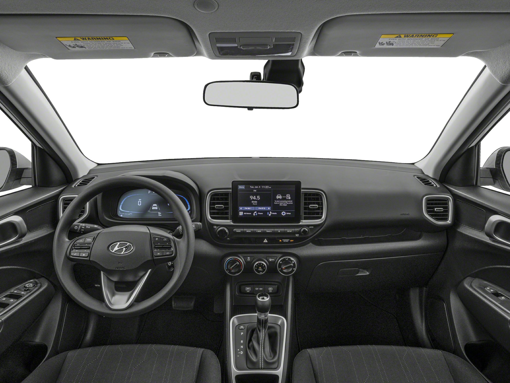 Dashboard with digital cluster, touchscreen infotainment, and automatic gear lever