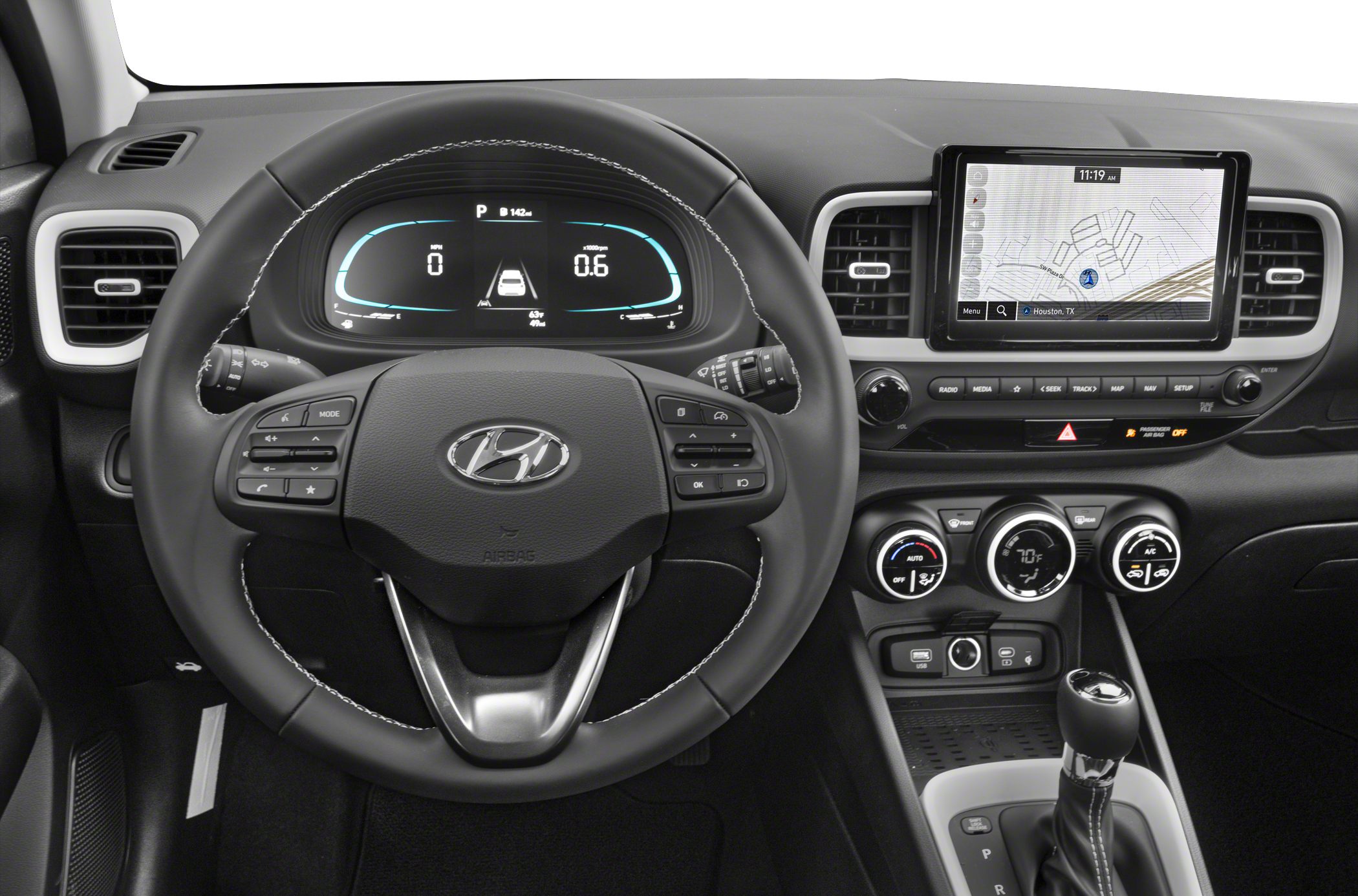 Digital instrument cluster and touchscreen infotainment system on car dashboard