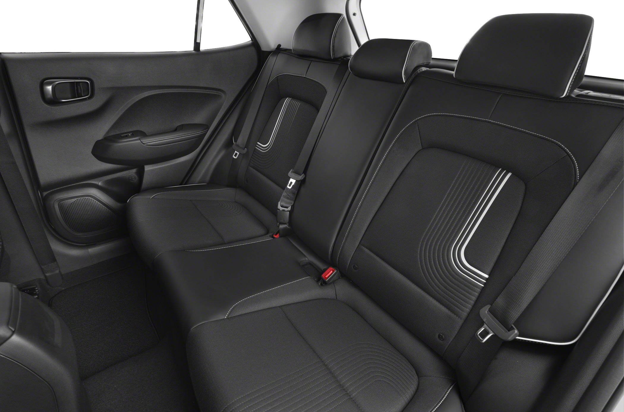 Modern rear seat upholstery with stitching and seat belts