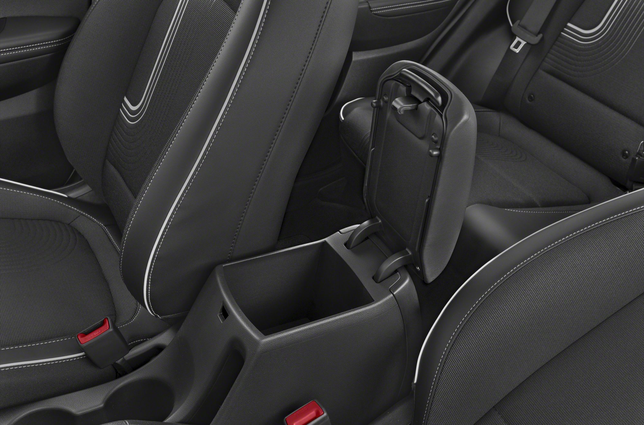 Center console storage compartment with open lid between front seats