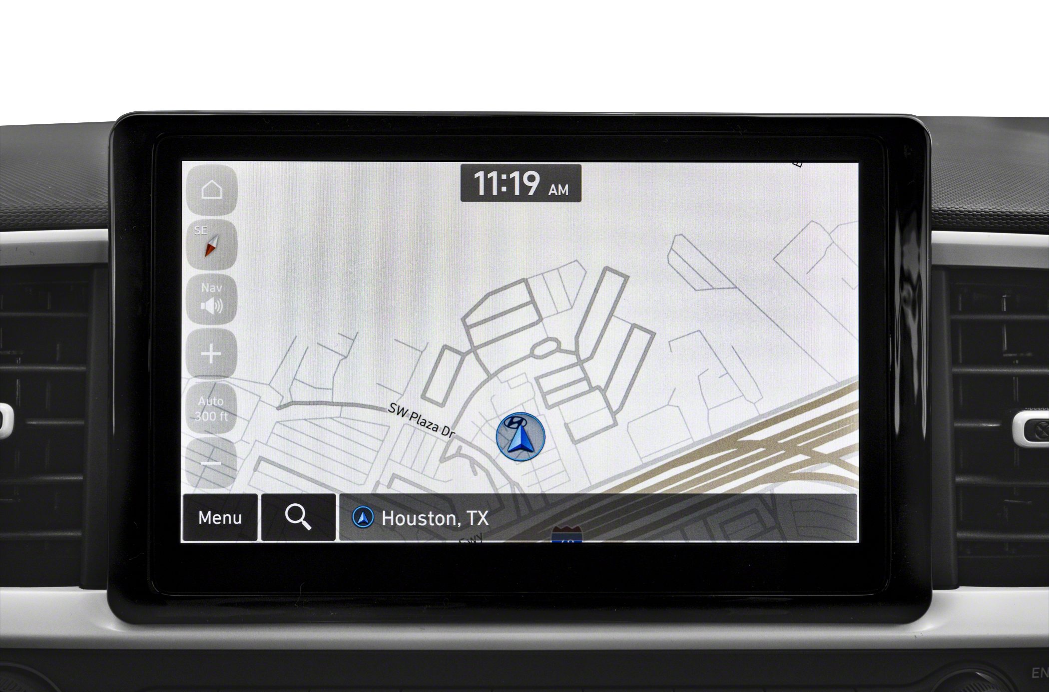 Car infotainment navigation system showing GPS map and location