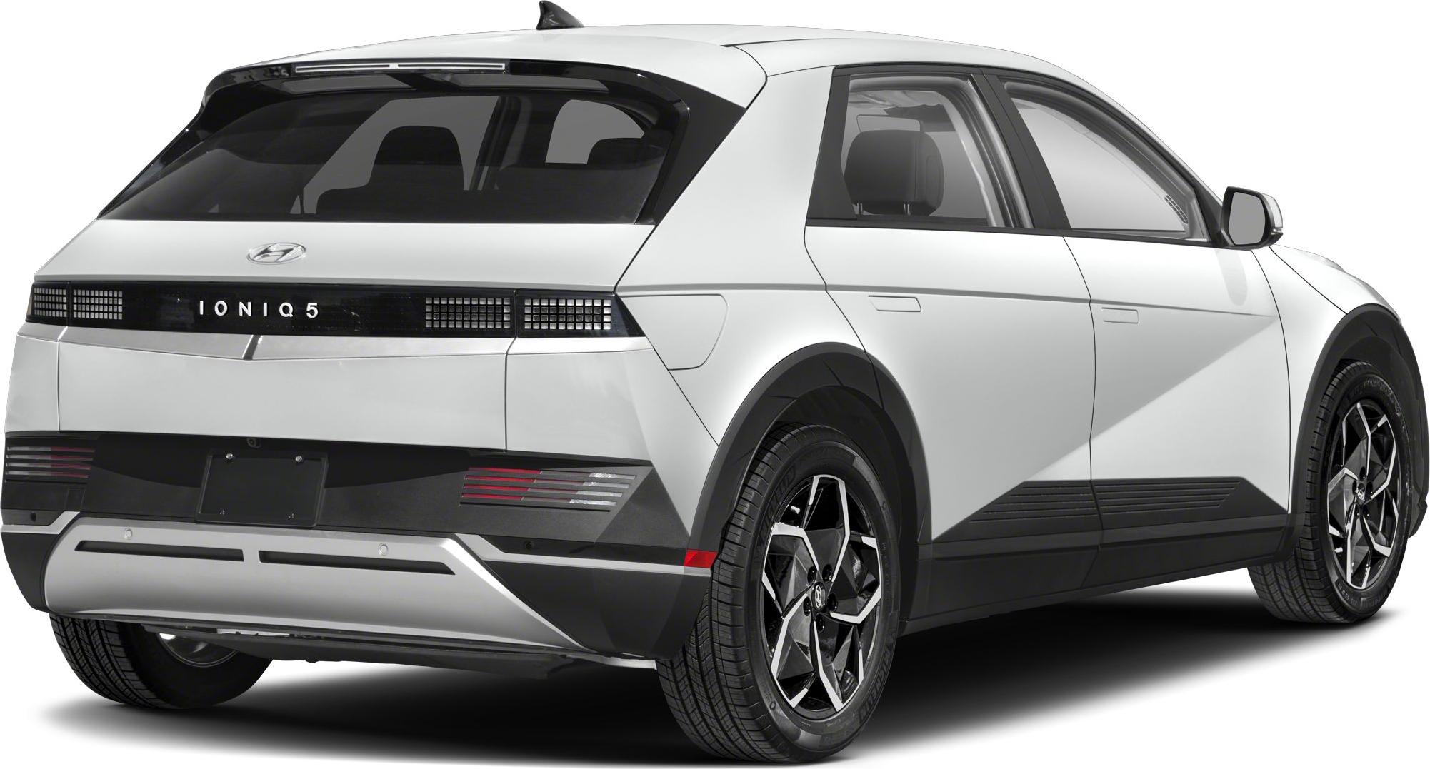 Rear and side view of modern electric hatchback with distinctive taillights.