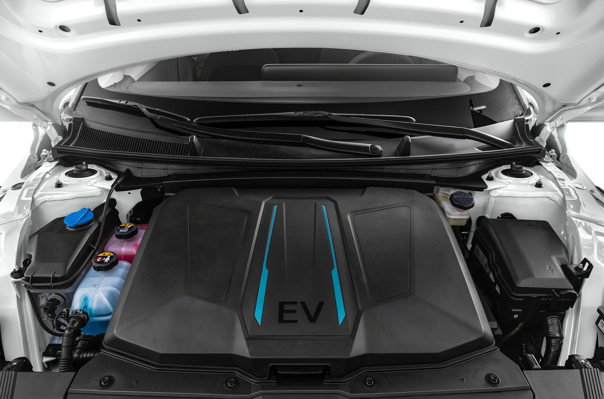 Electric vehicle powertrain with EV emblem and modern engine bay layout