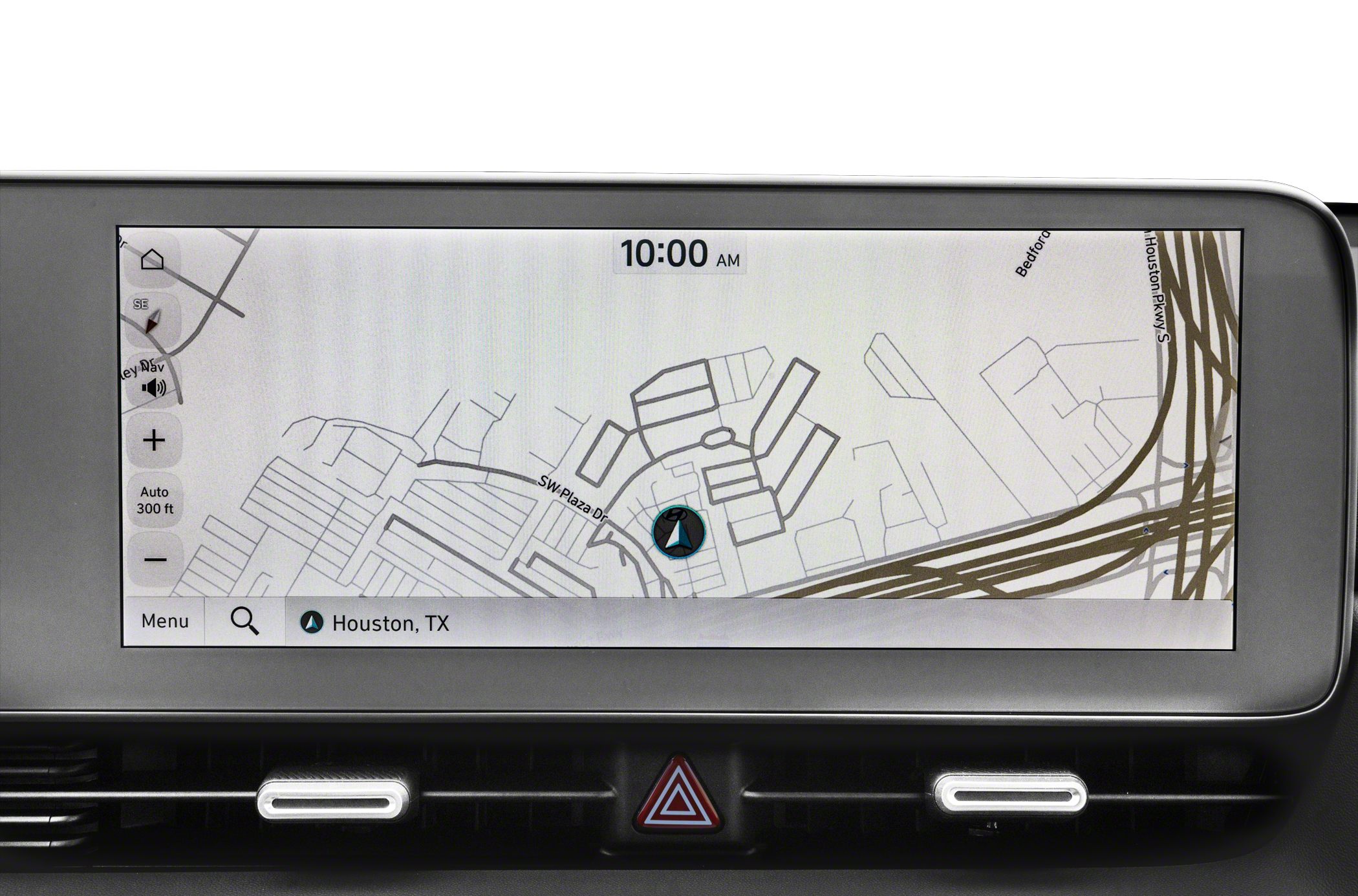 Dashboard navigation display with map and control buttons