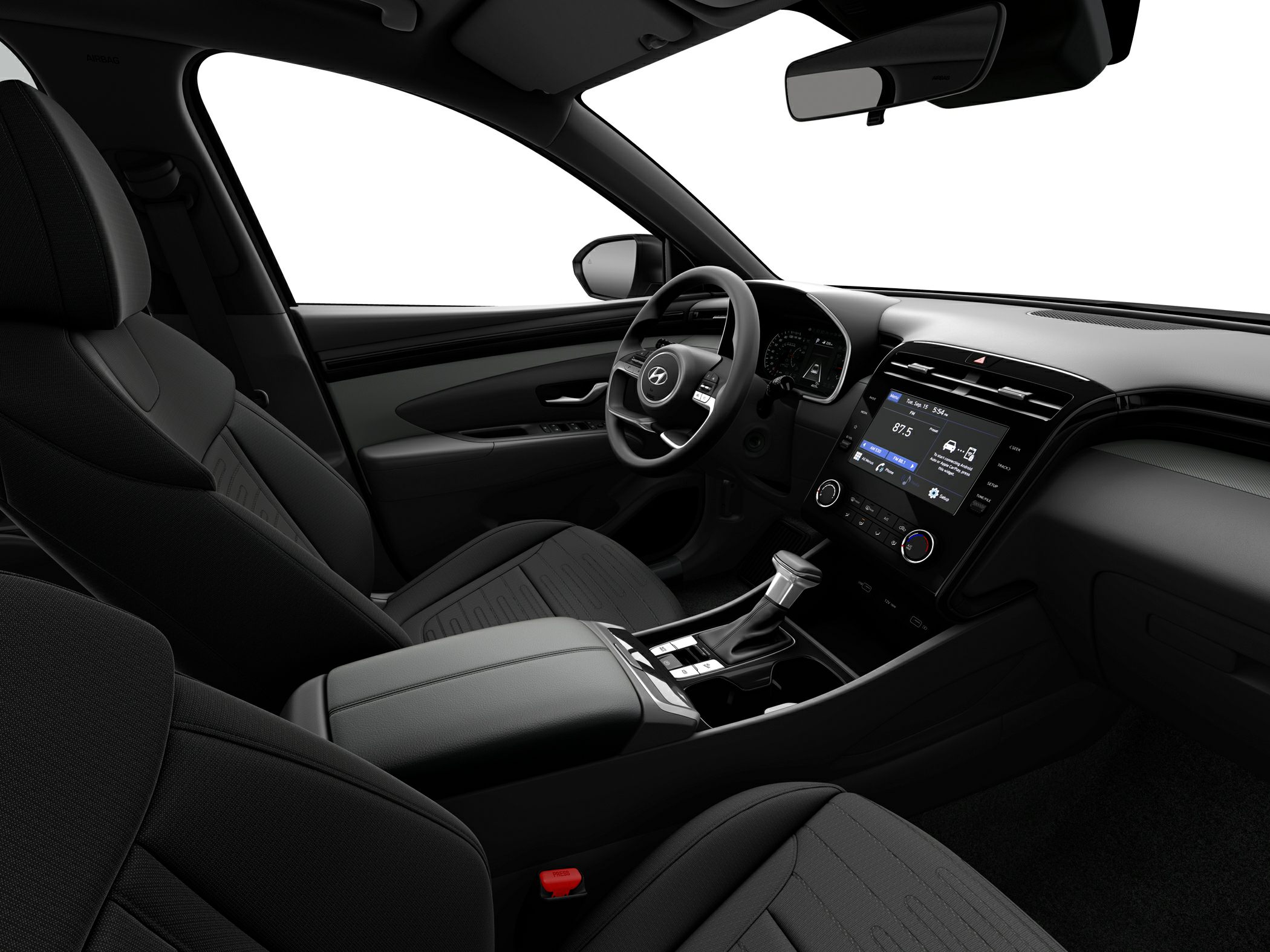 Modern infotainment display and ergonomic steering wheel in vehicle interior