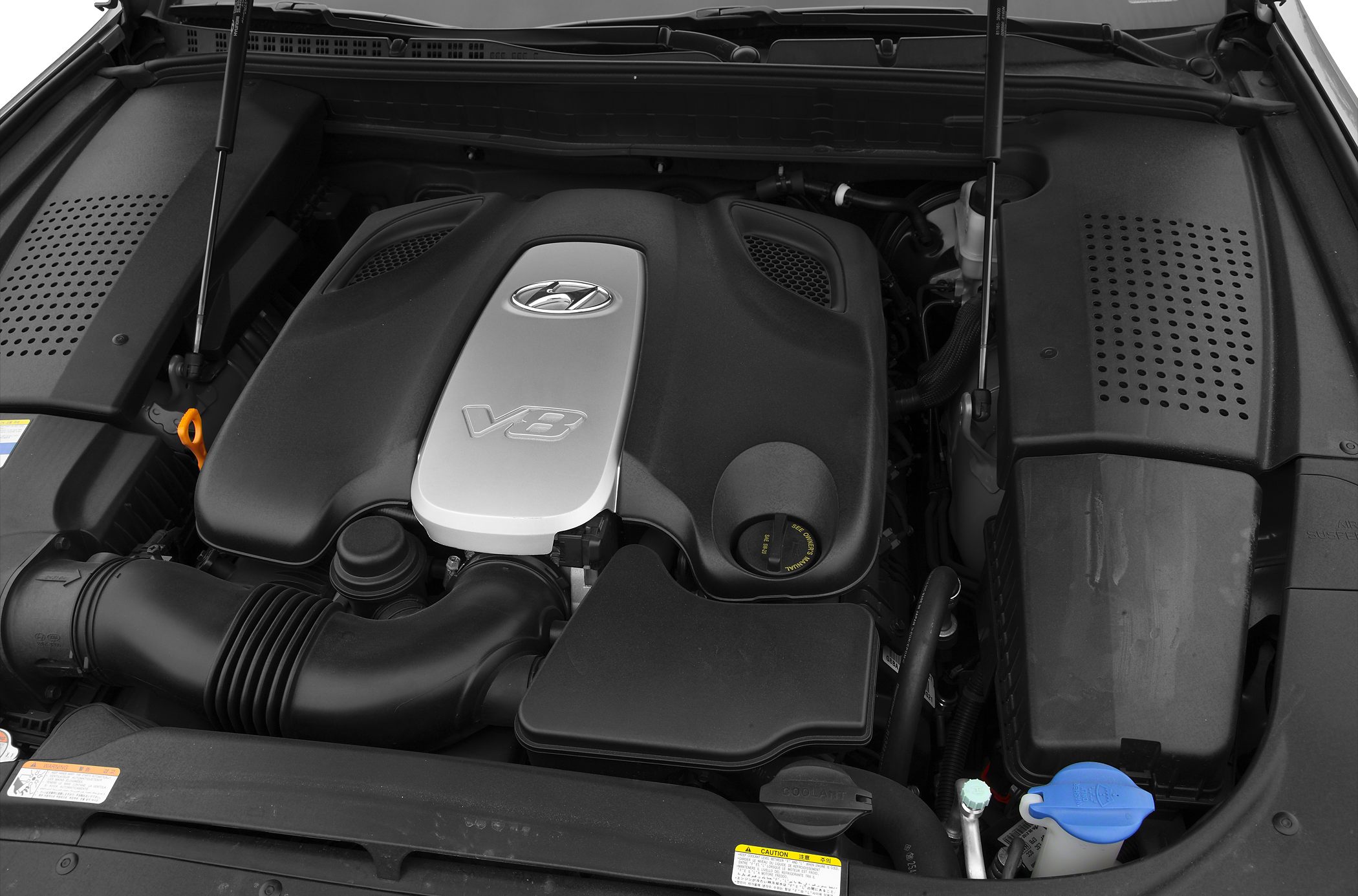 V8 engine with Hyundai emblem and components inside engine bay