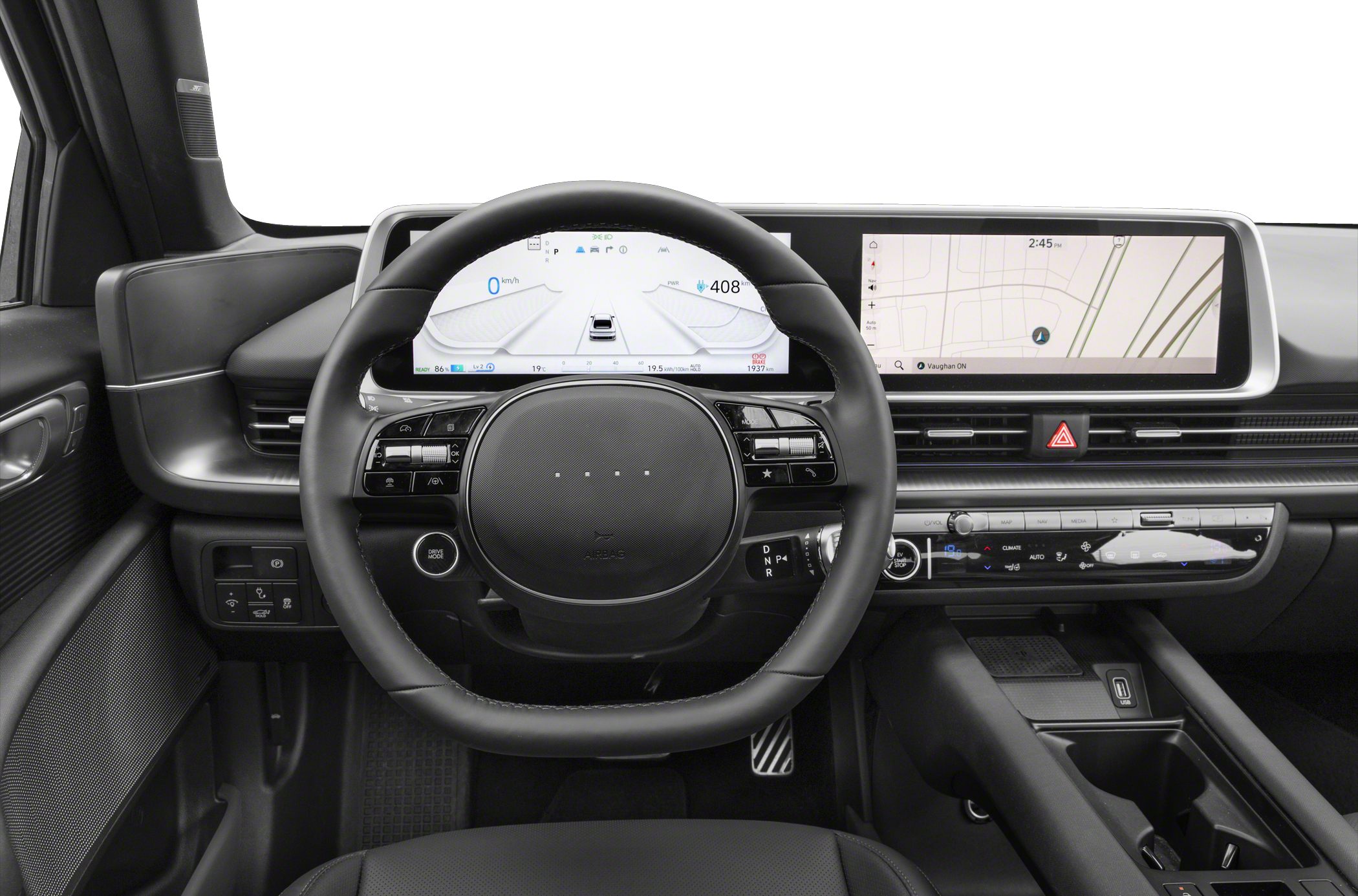 Digital instrument cluster and wide infotainment screen with modern steering wheel controls