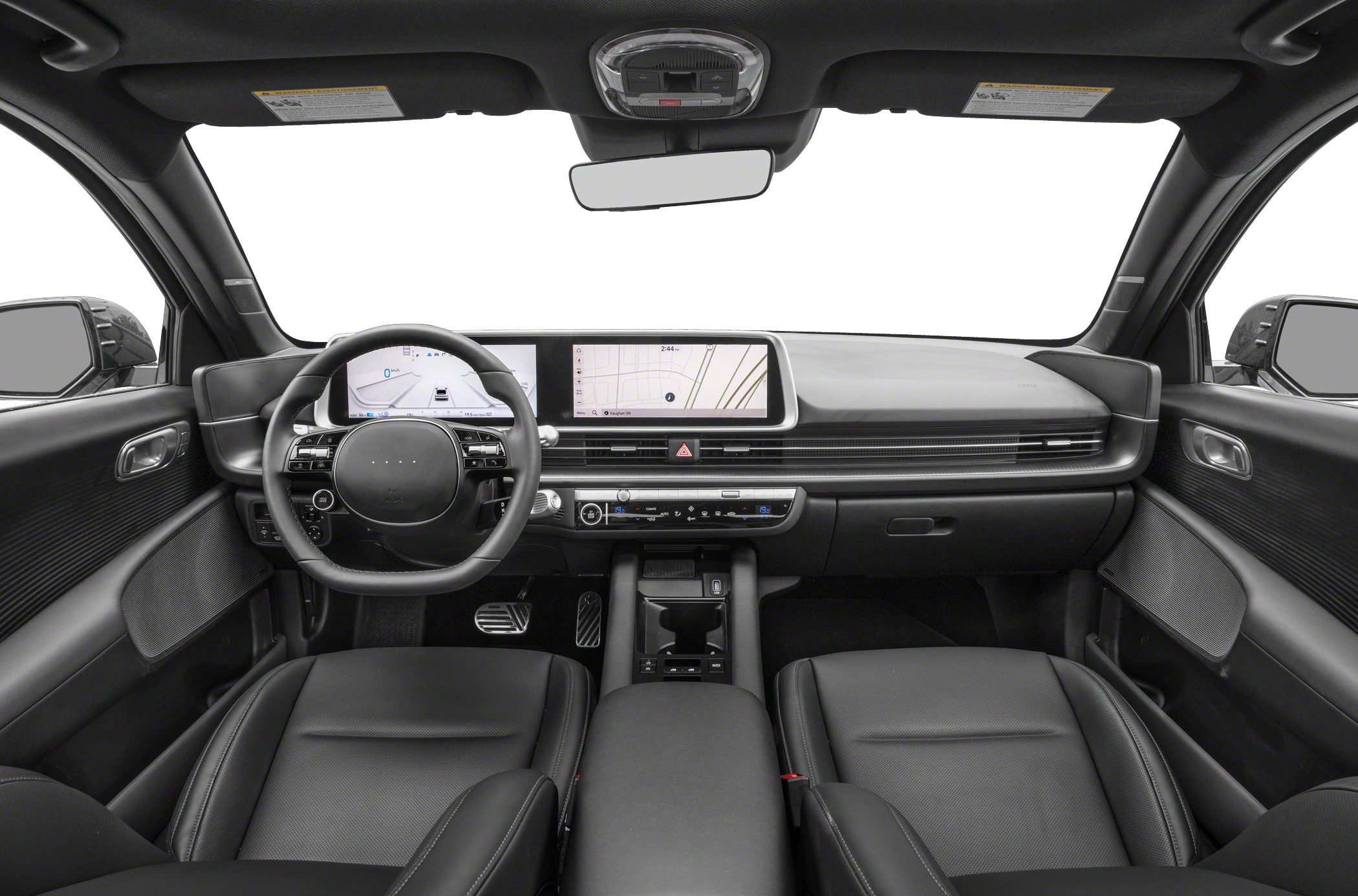 Modern electric vehicle interior with dual digital screens and sleek dashboard
