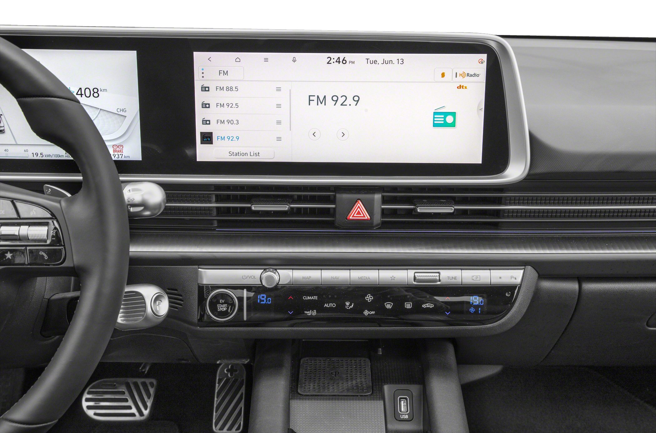Digital dashboard and infotainment screen with climate control.
