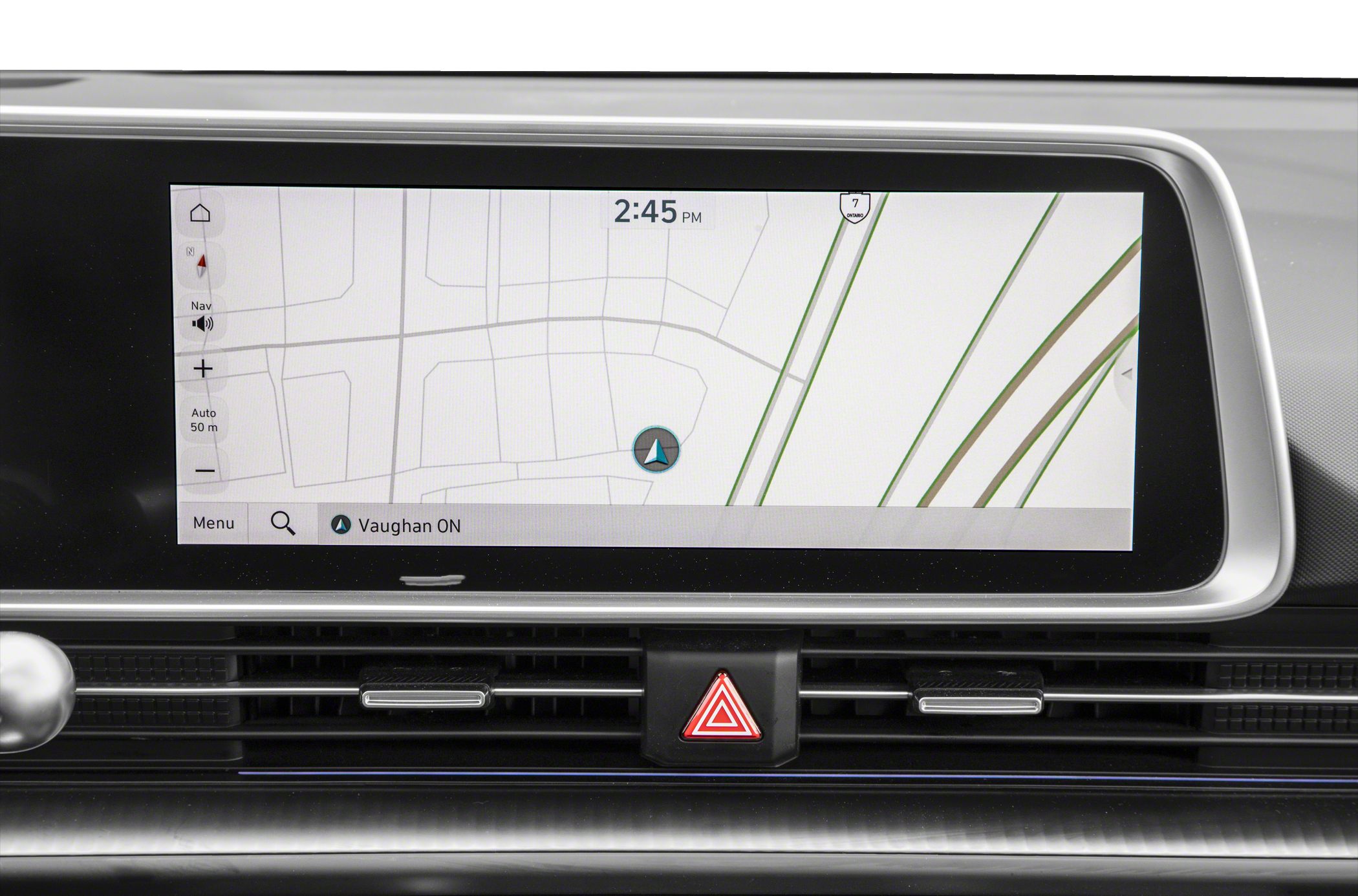 Digital navigation display with sleek dashboard and hazard button