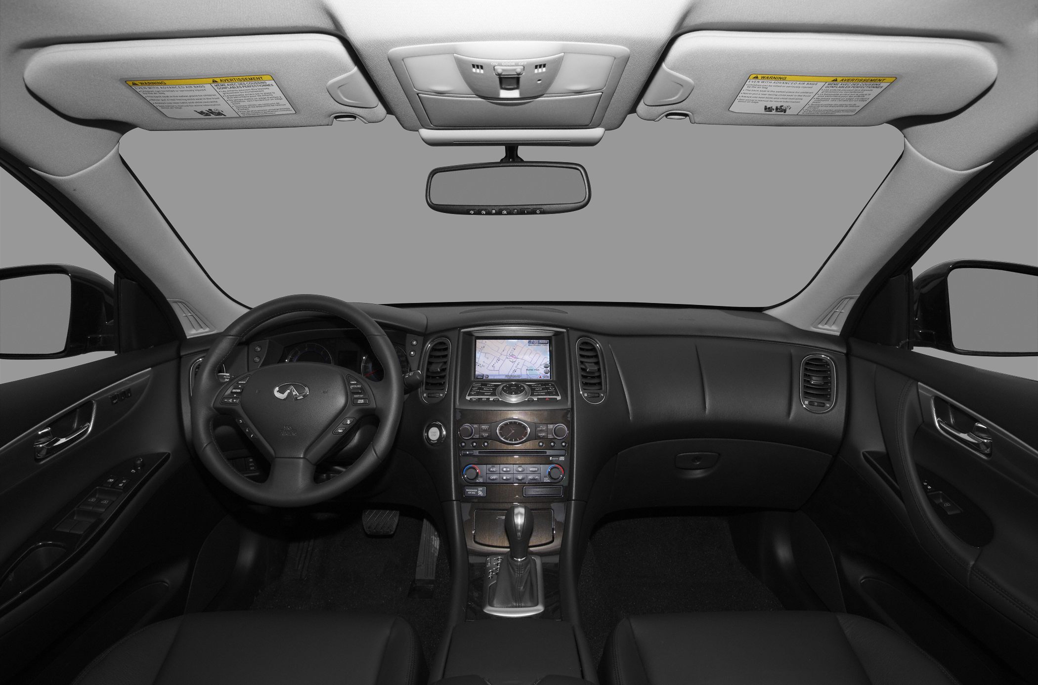 Leather steering wheel and center dashboard with navigation screen
