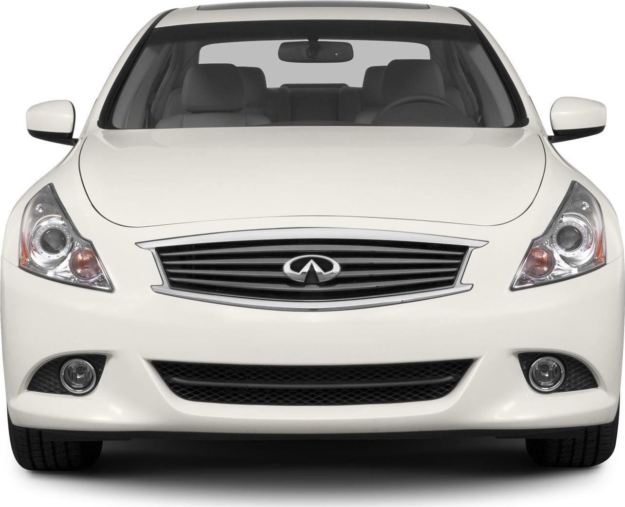 Front view featuring grille and headlights of a sedan.