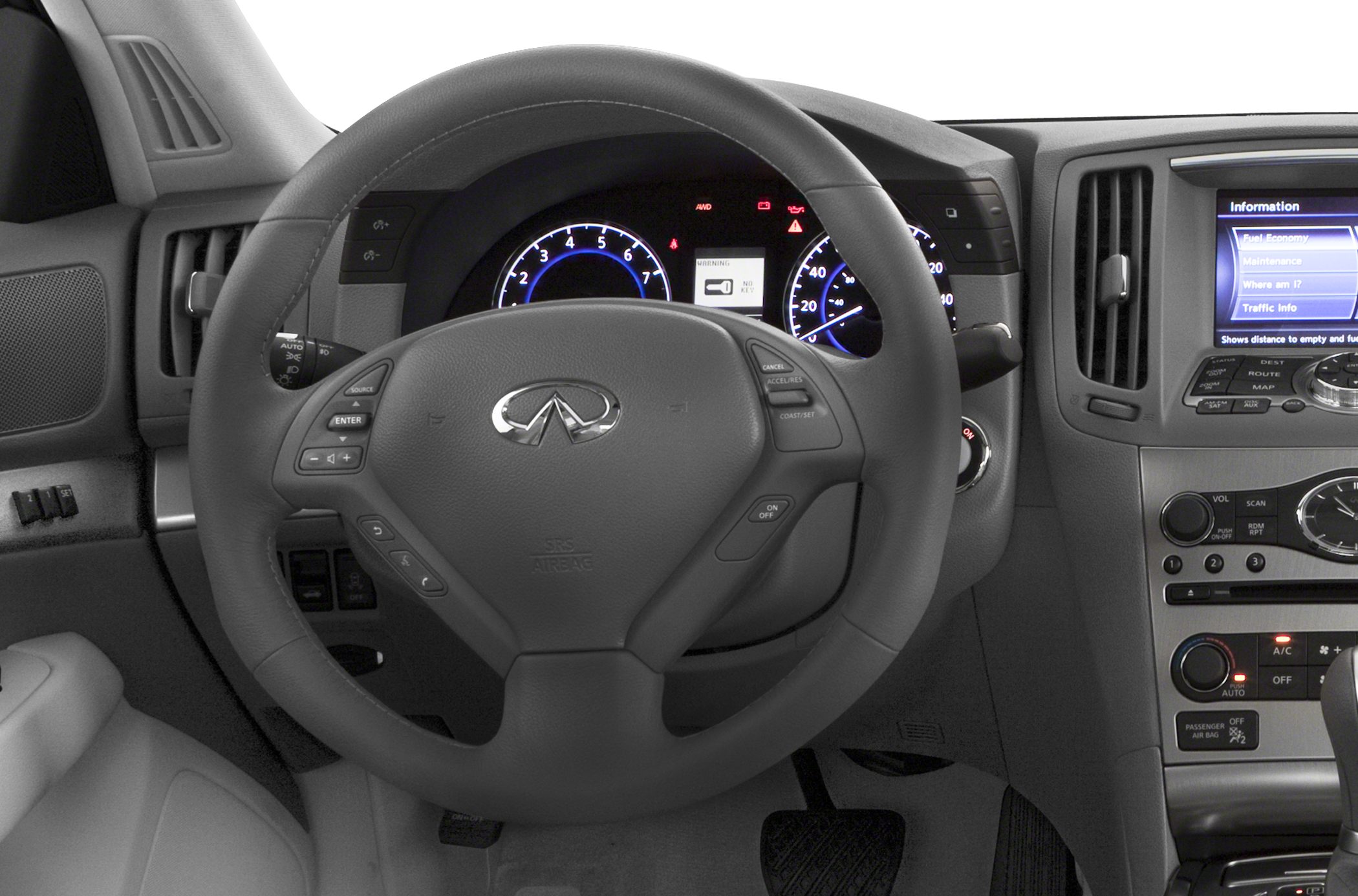 Leather steering wheel with control buttons and illuminated digital dashboard cluster