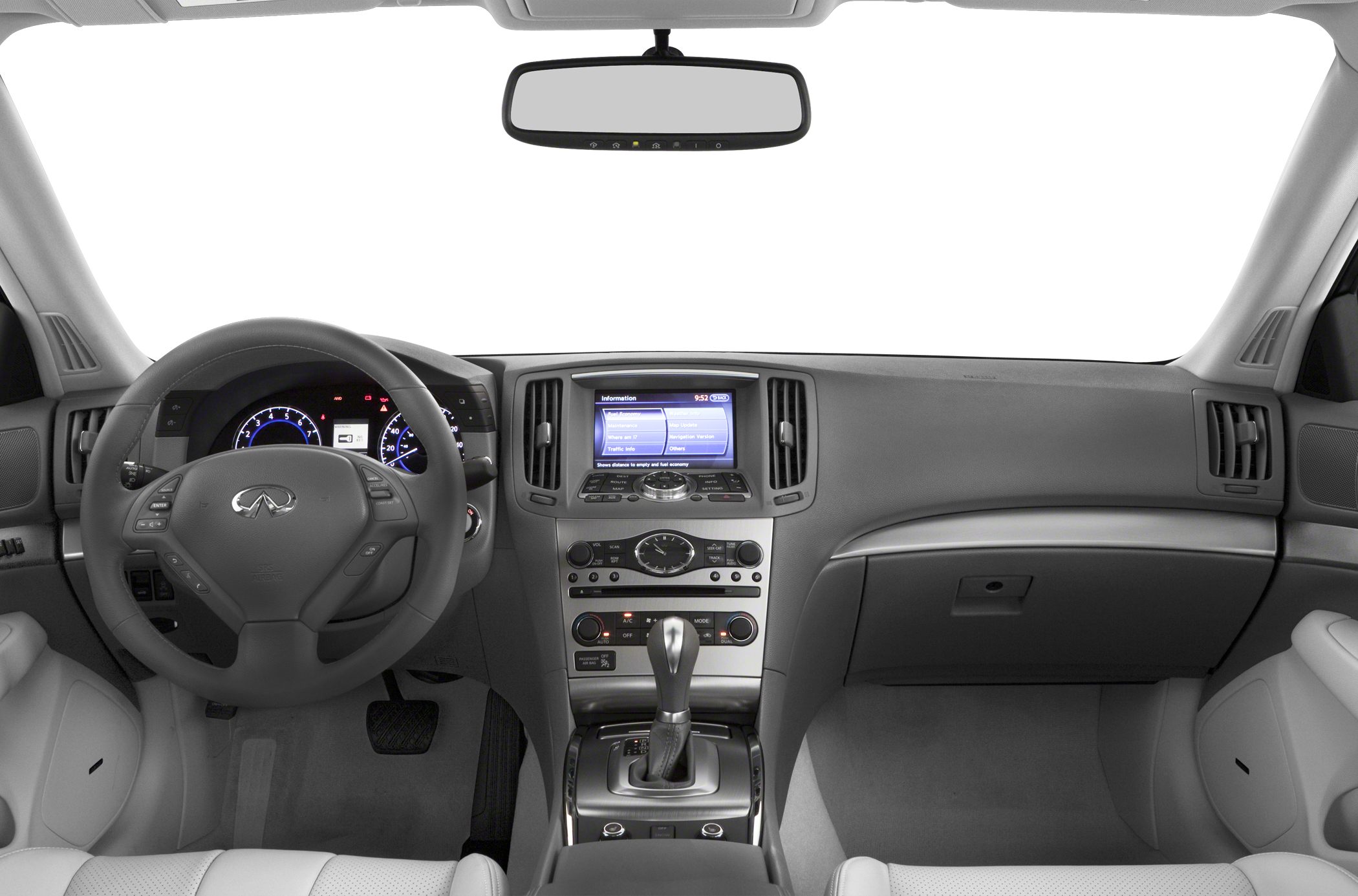 Dashboard and steering wheel with infotainment screen and gear shift