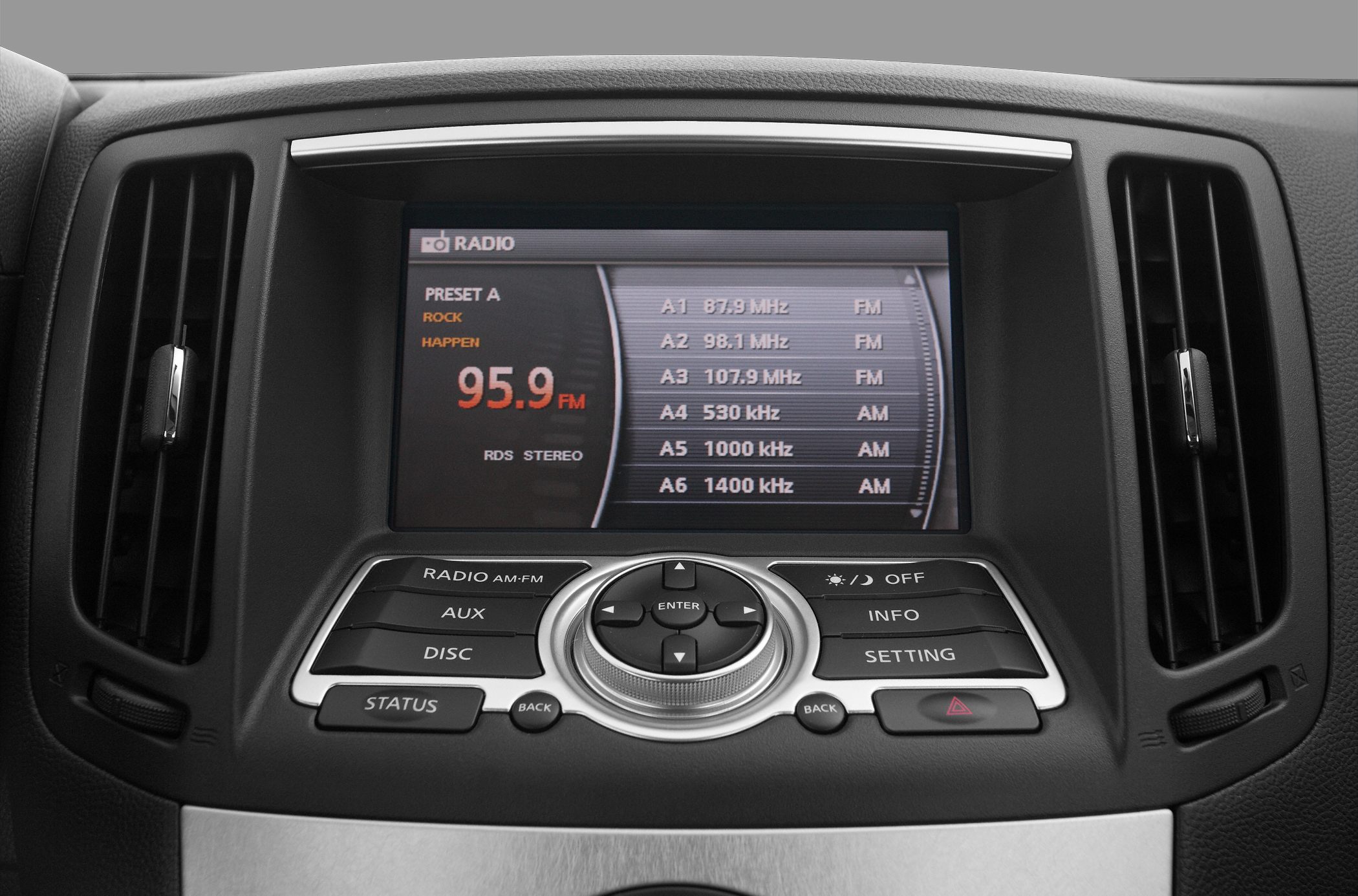 Multimedia radio interface with FM/AM presets and control buttons