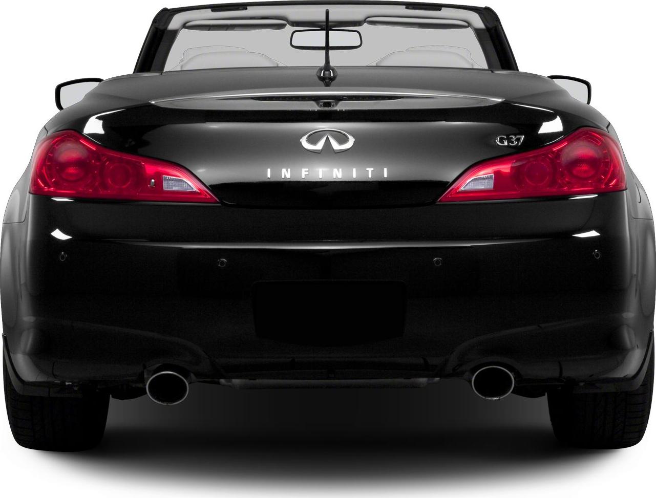 Rear view of a black convertible with dual exhausts and distinctive taillights