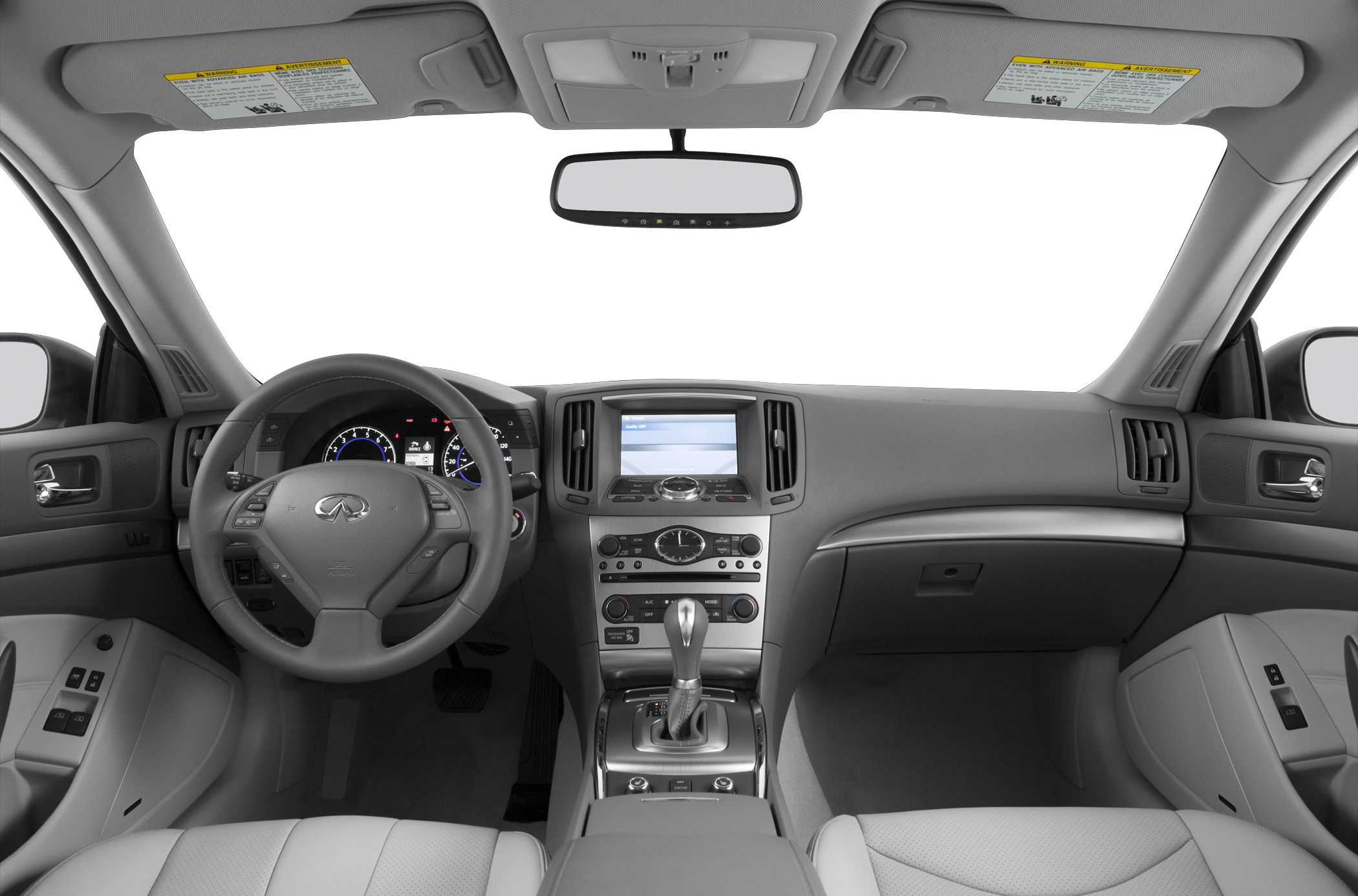 Car interior dashboard and steering wheel with infotainment screen