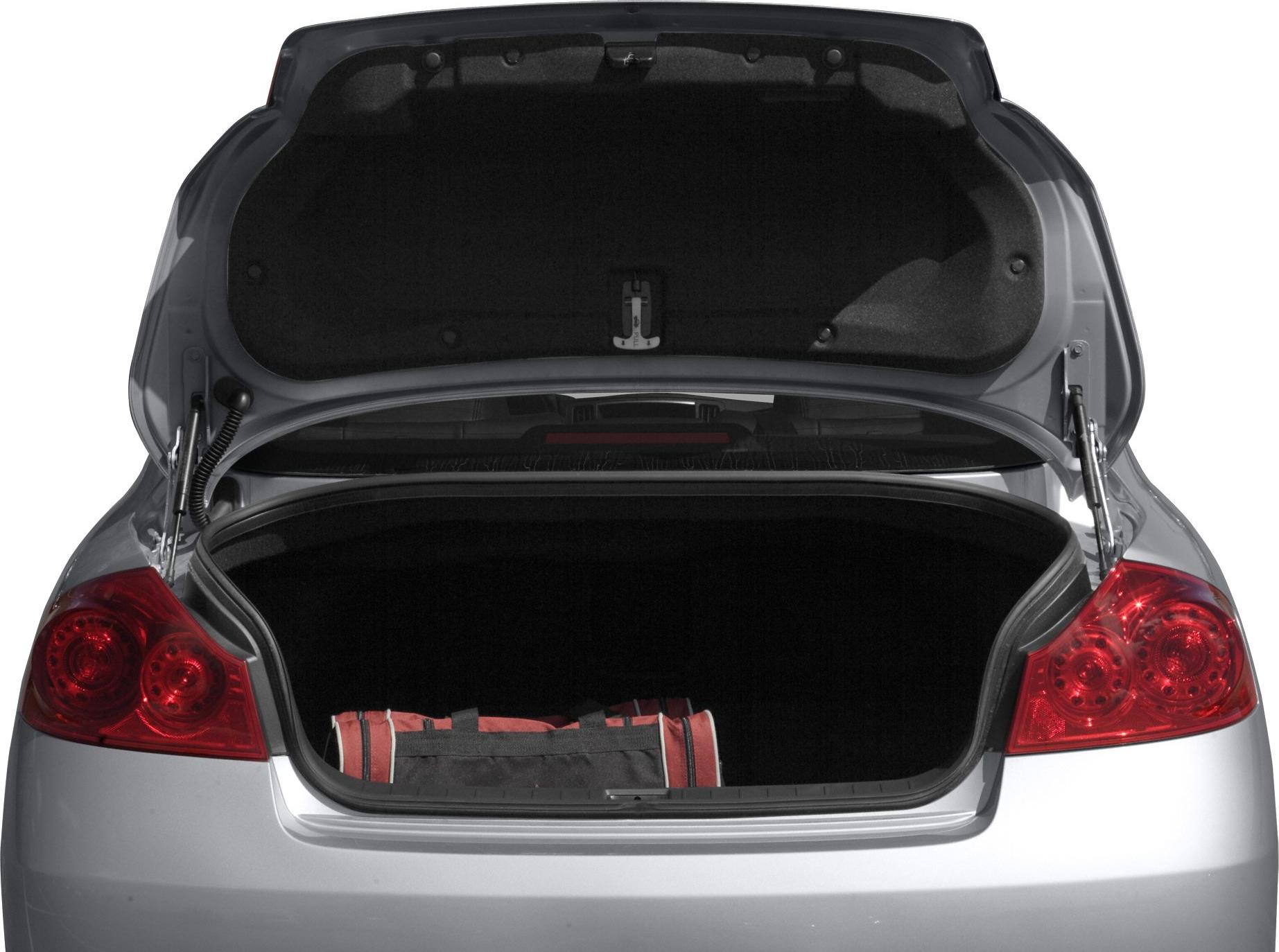 Open car trunk with visible interior and red bag
