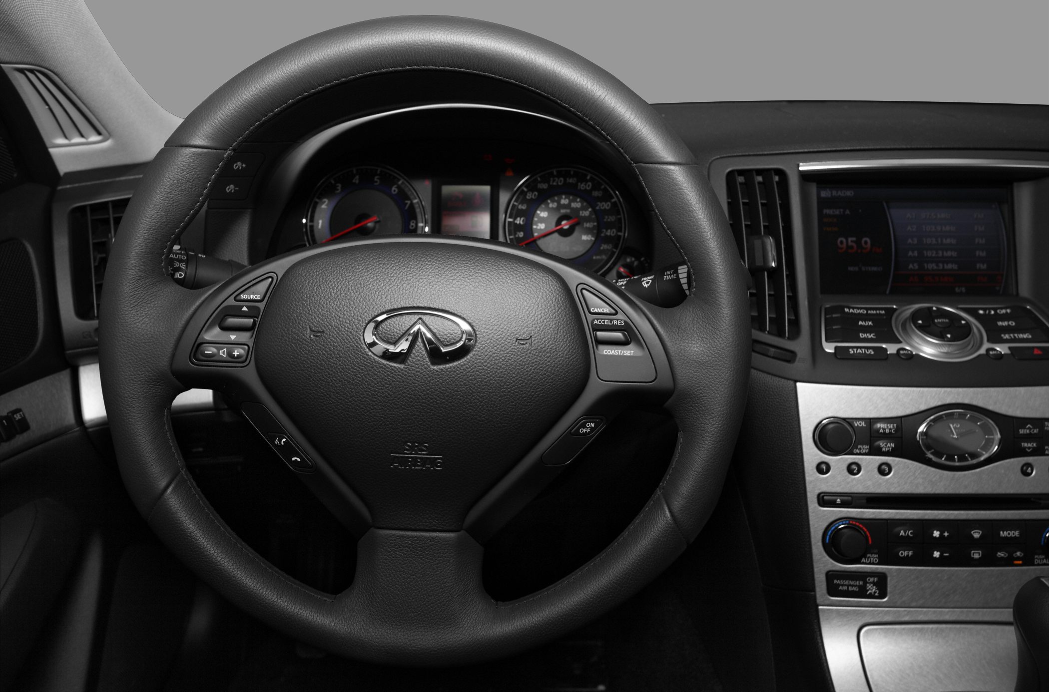 Leather steering wheel with integrated controls and dashboard display