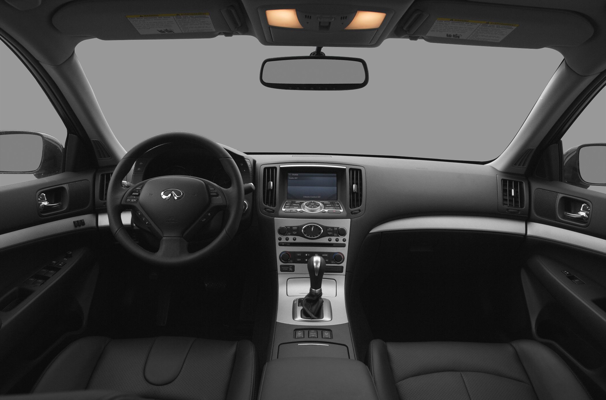Modern car interior with dashboard, steering wheel, center console