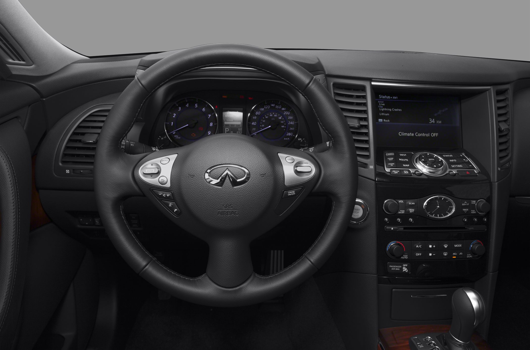 Leather steering wheel with instrument cluster and infotainment center